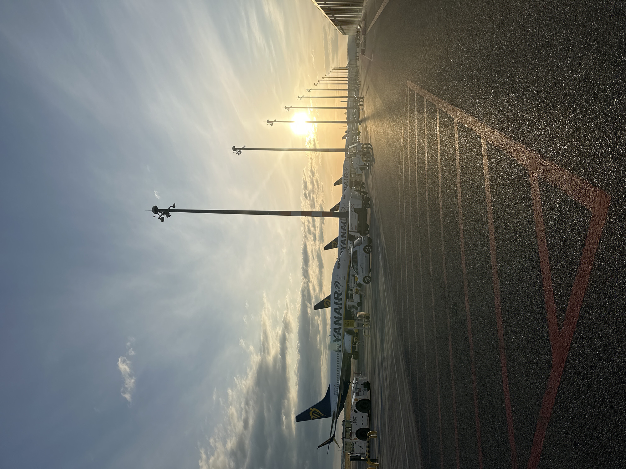 The image depicts an airfield at sunset, likely at Berlin Brandenburg Airport (BER) in Schönefeld, Germany, given the presence of Ryanair aircraft. In the foreground, a tarmac is marked with red lines, indicating parking or taxiing areas. Several Ryanair Boeing 737 airplanes are parked in a row, their livery clearly visible. Various airport service vehicles, including a tow tractor and utility carts, are positioned near the aircraft. A white car is parked on the tarmac between the planes. Tall light poles with multiple lamps line the airfield. The sun is low on the horizon, casting a warm, golden light and long shadows across the scene. The sky is a mix of blue and scattered clouds, with the sun's rays creating a bright glare. The overall impression is one of an active airport at the end of the day.