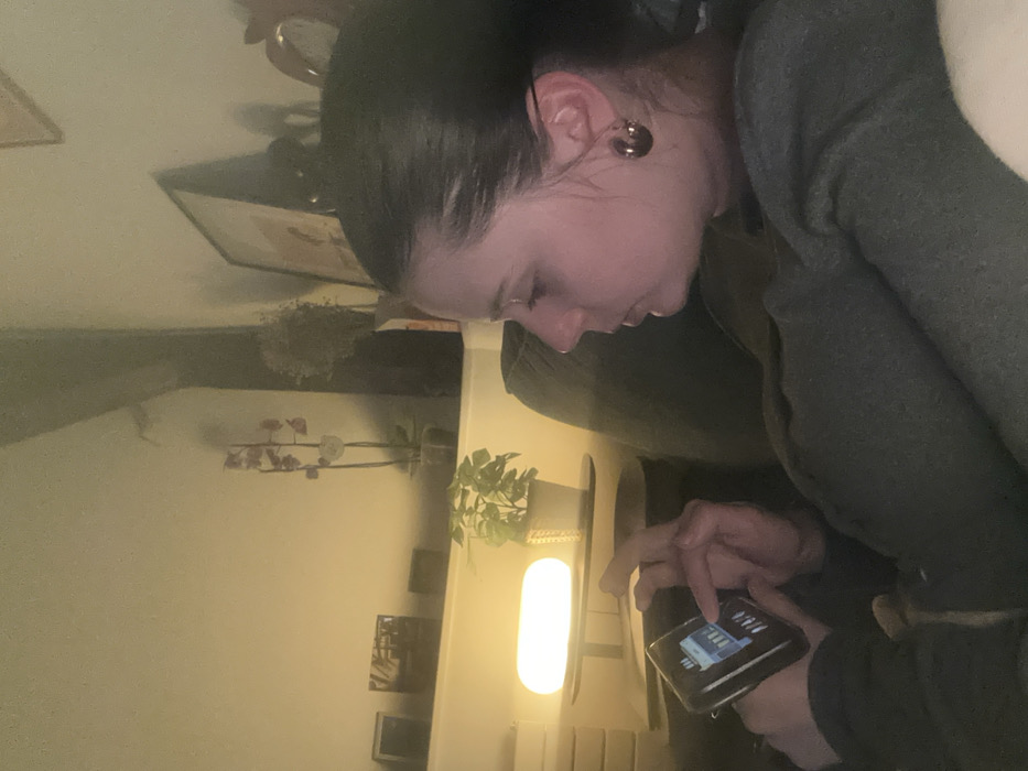 An individual is depicted indoors in the city of Carnin, France, seated on what appears to be a dark-colored sofa or chair. The person, viewed in profile facing right, possesses dark hair pulled back from the face, a small nose piercing on the left nostril, and a gold-colored hoop earring in the left ear. They are wearing a dark long-sleeved garment. Both hands are engaged with a dark, rectangular electronic device, likely a smartphone, which displays a menu interface with various icons. The individual's right thumb is positioned over the screen.
In the background, a light-colored wall is illuminated by an oblong, horizontal table lamp providing warm, ambient light. Above this lamp, a small potted plant with green leaves is visible. To the left of the plant, several framed items or photographs are arranged on a shelf. To the right, a tall plant with purple blossoms (an orchid) stands next to a darker, possibly dried, floral arrangement or decorative item. Further right, a framed piece of art leans against the wall. The overall lighting is dim, suggesting an evening or low-light indoor setting.