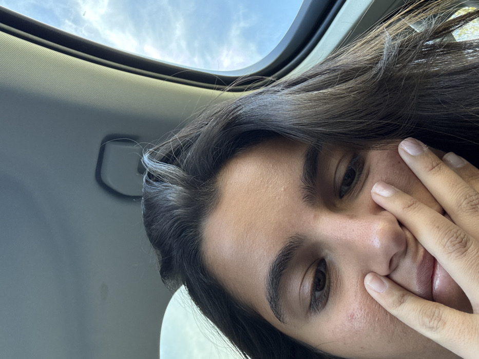 The image displays an individual seated inside a vehicle, located in the city of Princeton, United States. The subject, seen from an upward angle in a close-up, has dark, slightly wavy hair that partially obscures the forehead and sides of the face. Their dark eyes are cast downwards, and the left hand covers the lower portion of the face, obscuring the mouth and chin. Visible environmental elements include the vehicle's light-colored headliner in the upper left, a dark overhead grab handle, and a sunroof or window frame on the right side, revealing a blue sky with scattered white clouds, indicative of daytime.