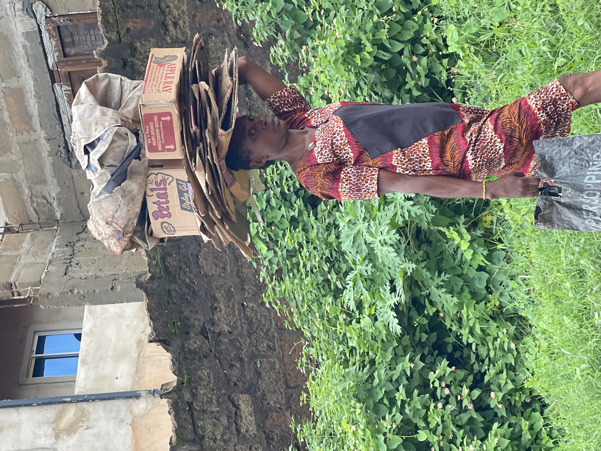 Here is a detailed description of the image:
**Scene:**
The image portrays a woman carrying a load of goods on her head. She is in an outdoor setting, likely a street or area with dense foliage. There is a building visible to the left, showing signs of age with rough walls and a window.
**People:**
A woman is the primary subject. She wears a patterned, short-sleeved top with a black section and a gold bracelet on her left wrist. Her hair is dark. She appears to be looking forward, with an expression that seems focused.
**Objects:**
The main objects are the items she is carrying on her head:
* Cardboard boxes, some labeled with product names such as "Apple Ray" and "Petals Styling Gel".
* Loose cardboard pieces.
* A large, possibly canvas bag.
She is also holding what seems to be a shopping bag in her right hand, labeled "Shopping".
**Actions and Interactions:**
The woman is carrying a substantial load on her head, a common practice in many parts of Africa. She is walking or standing, potentially in transit.
**Environment:**
The setting appears to be in a place with a dense overgrowth of greenery, including bushes and what seems to be grass. There is a building to the left, likely indicating a residential or commercial area.
**Location:**
Based on the product names "Apple Ray" and "Petals" (likely beauty products), the style of clothing, and the head-carrying practice, it is a likely image of Onitsha, Nigeria, a major commercial hub in Nigeria known for its bustling markets.