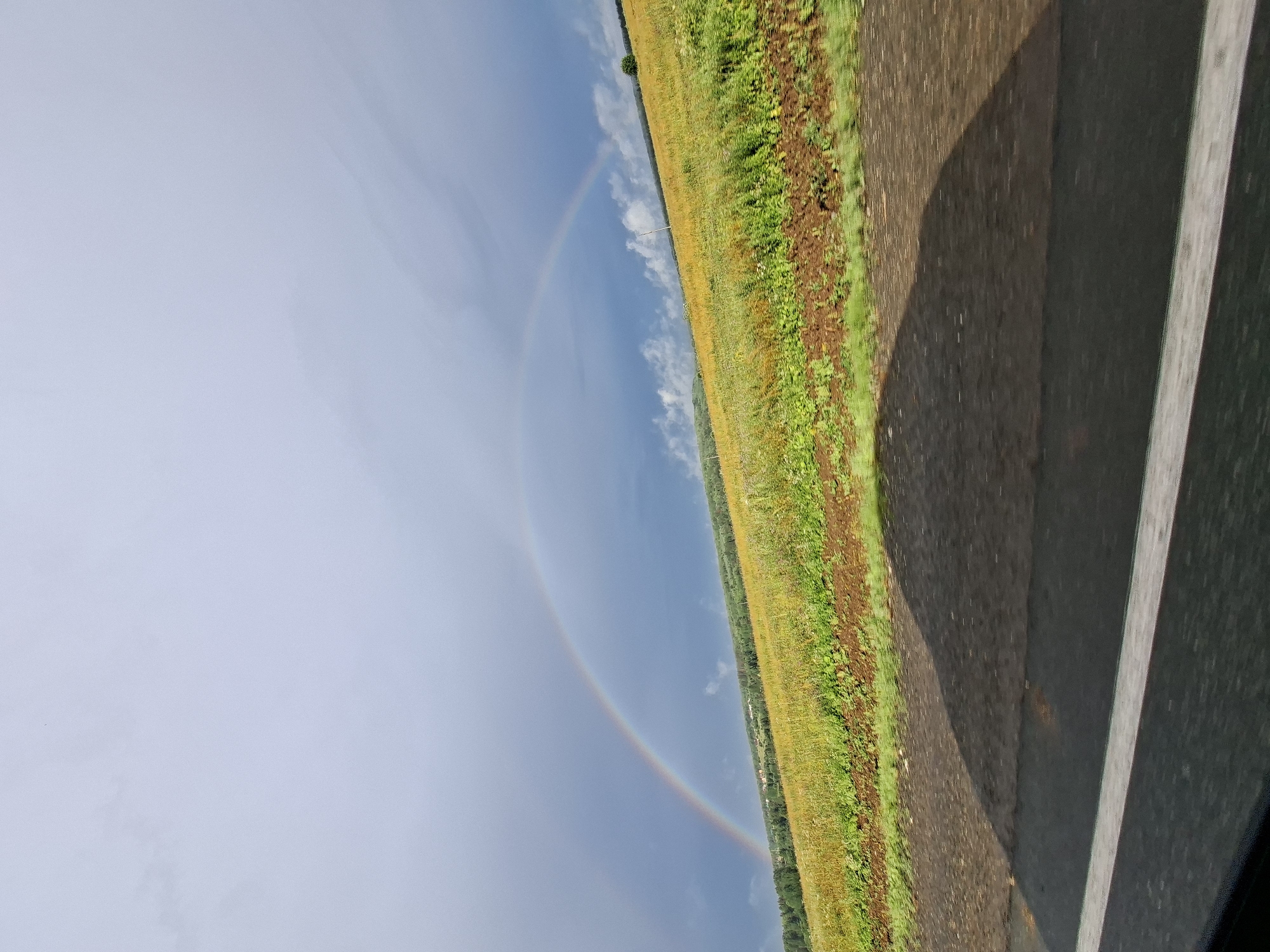 A double rainbow arcs across a cloudy sky over a field of yellow flowers in Yugo-Kamskiy, Russia. The field is bordered by a dirt path and a road, which occupies the foreground of the image. The sky is a mix of dark storm clouds and lighter patches, suggesting recent or impending rain. The rainbow is vibrant, with distinct bands of color. The overall impression is one of a natural landscape after a shower.