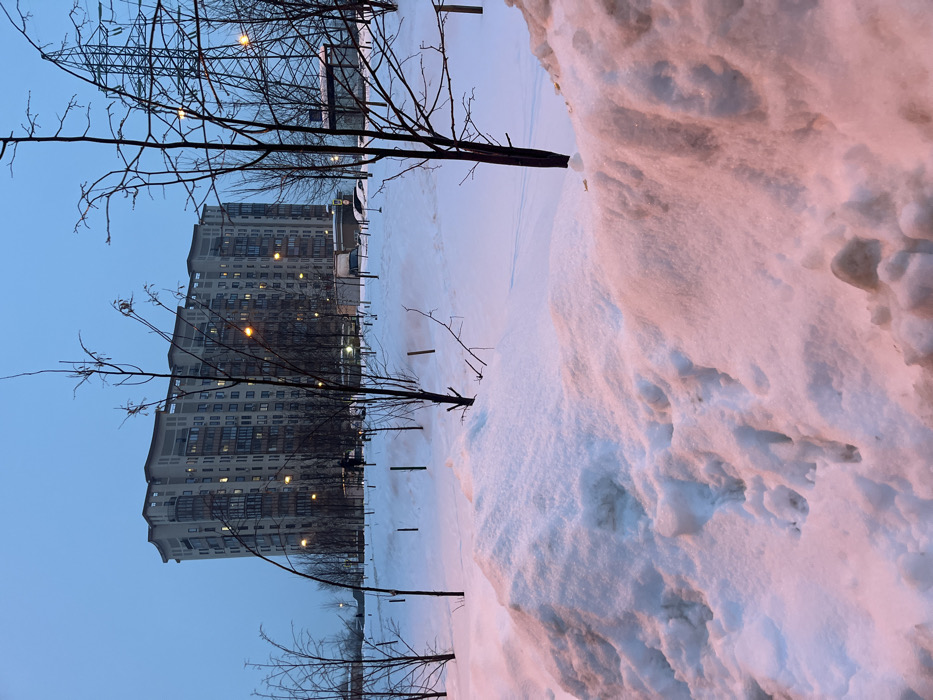 The image depicts an urban winter landscape at dusk or dawn in Odintsovo, Russia. The foreground features substantial, irregularly shaped piles of snow, exhibiting a pinkish-orange hue on surfaces facing the viewer, likely from artificial light sources. The midground consists of a snow-covered open area dotted with numerous bare deciduous trees, some supported by stakes. Several illuminated streetlights cast warm light across the scene. A discernible path of disturbed snow winds through the midground. Two individuals are visible walking across the snow, appearing as dark silhouettes in the distance. Partially visible parked vehicles, including a white van, are present further back. In the background, a large, multi-story residential building with numerous illuminated windows is prominent. To the right, a tall metal lattice power transmission pylon stands against the blue sky, near a small, open-sided structure consistent with a bus stop or shelter. The overall environment is cold, illuminated by a mix of natural twilight and artificial lighting.