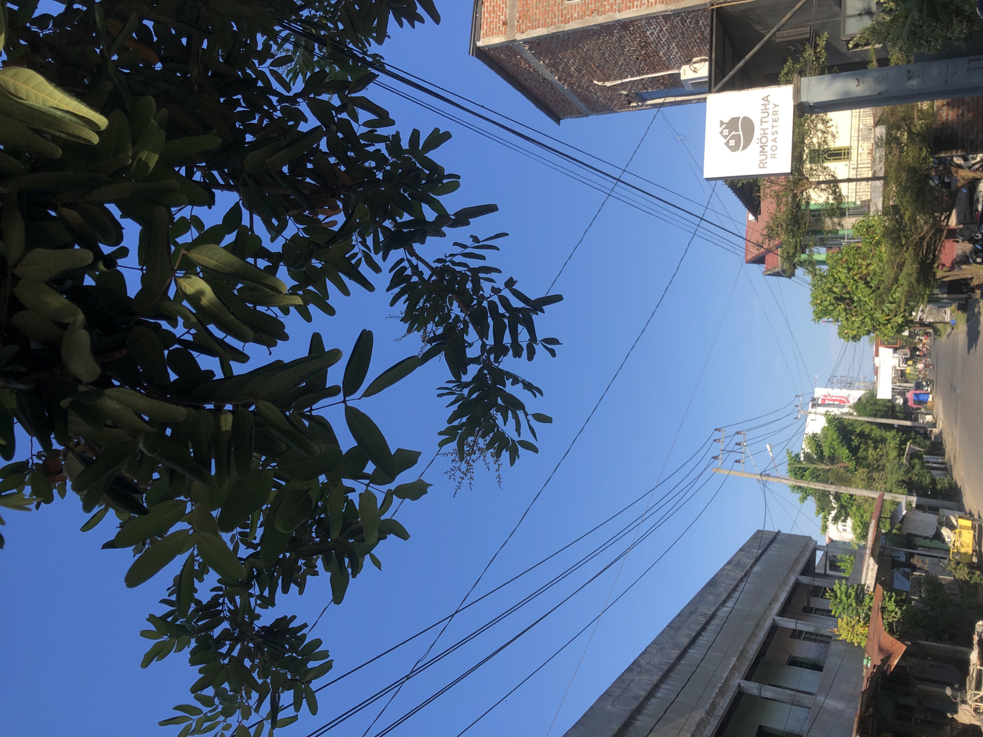 The image depicts a street view in Lhokseumawe, Indonesia, taken from a low angle, pointing upwards. The sky is clear and blue. In the foreground, to the left, are the green leaves of a tree. Electrical wires run across the sky. Buildings are visible on either side of the street. On the right, a sign for "Rumoh Tuha Roastery" is visible. Further down the street, other buildings and some trees are present, with a large billboard in the distance. The street itself is visible, but the traffic is not clearly discernible.