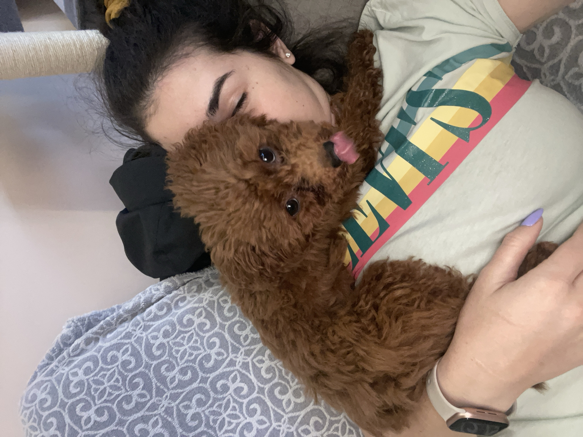 A woman lies on a surface, possibly a bed, with her eyes closed and face nestled against a brown poodle. The poodle is positioned on the woman's chest, with its tongue slightly protruding. The woman is wearing a light-colored t-shirt with a stripe pattern and has on a smartwatch. A patterned blanket is visible to the left of the woman. A black object, likely a pillow or headrest, is situated behind her head. The location appears to be indoors, but there is no information available to determine if it is located in Sofia, Bulgaria.