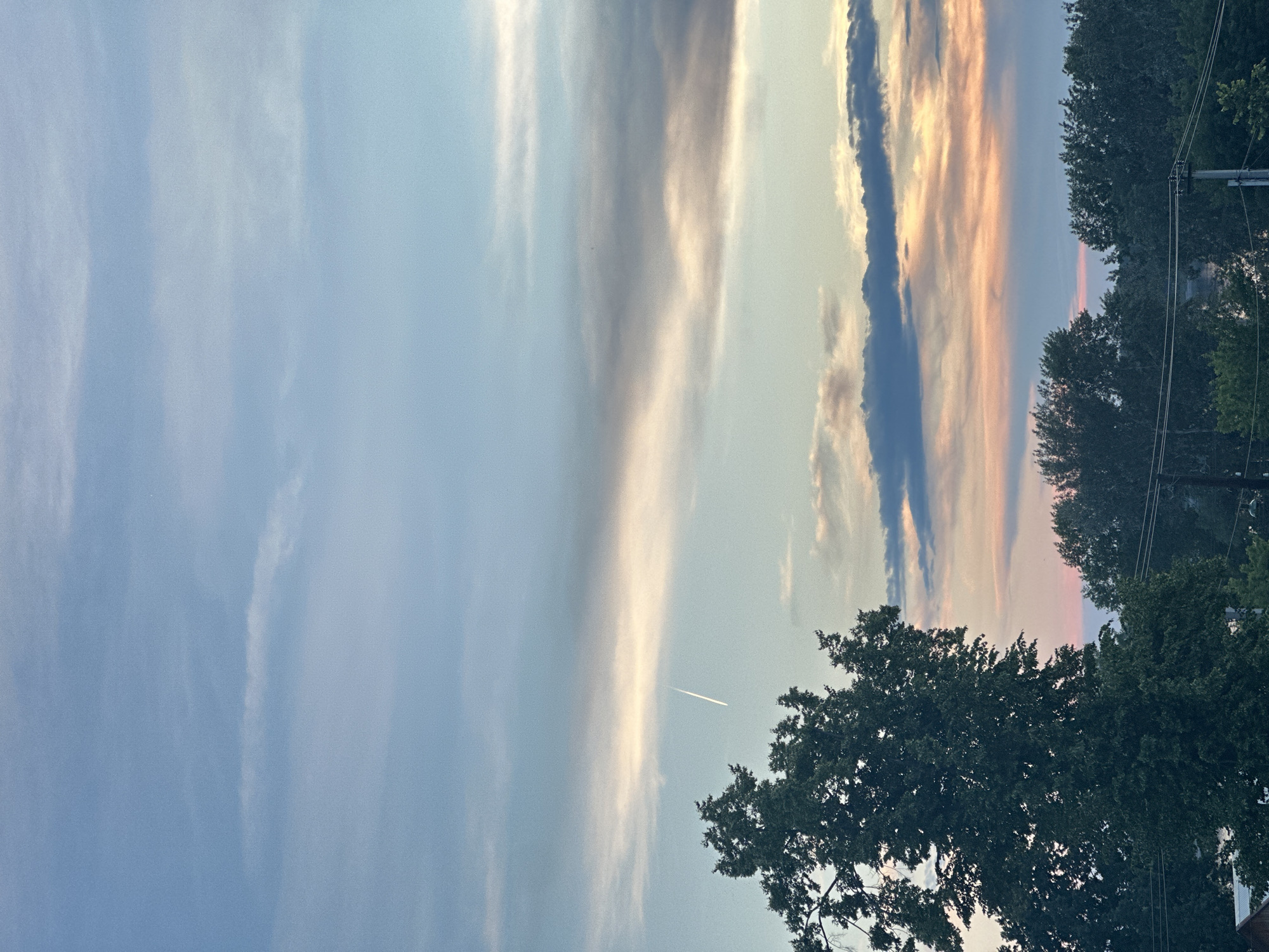 The image depicts a suburban or rural sky at dusk, likely captured in Chaikovsky, Russia, given the context. The upper portion of the frame is dominated by a pale blue sky with thin, wispy clouds streaked horizontally. A distinct, thin contrail from an aircraft is visible traversing the sky from left to right, originating from the upper left quadrant and extending towards the middle right.
Below the expansive sky, a line of dark green trees forms a dense canopy across the horizon. The foliage is varied in texture, with some trees appearing fuller and more rounded, while others are more irregular. In the foreground, the top of a large, dark green tree with widespread branches is prominent on the left side of the image, obscuring a portion of the sky and landscape.
The lower section of the image reveals hints of human infrastructure, including power lines and possibly the roof of a building. The overall lighting suggests the soft glow of sunset, with warm hues of pink and orange subtly present in the clouds near the horizon, contrasting with the cooler blues of the upper sky. There are no people visible in the scene. The environment appears to be a transition zone between urban development and nature, characterized by trees and utility lines under a twilight sky.