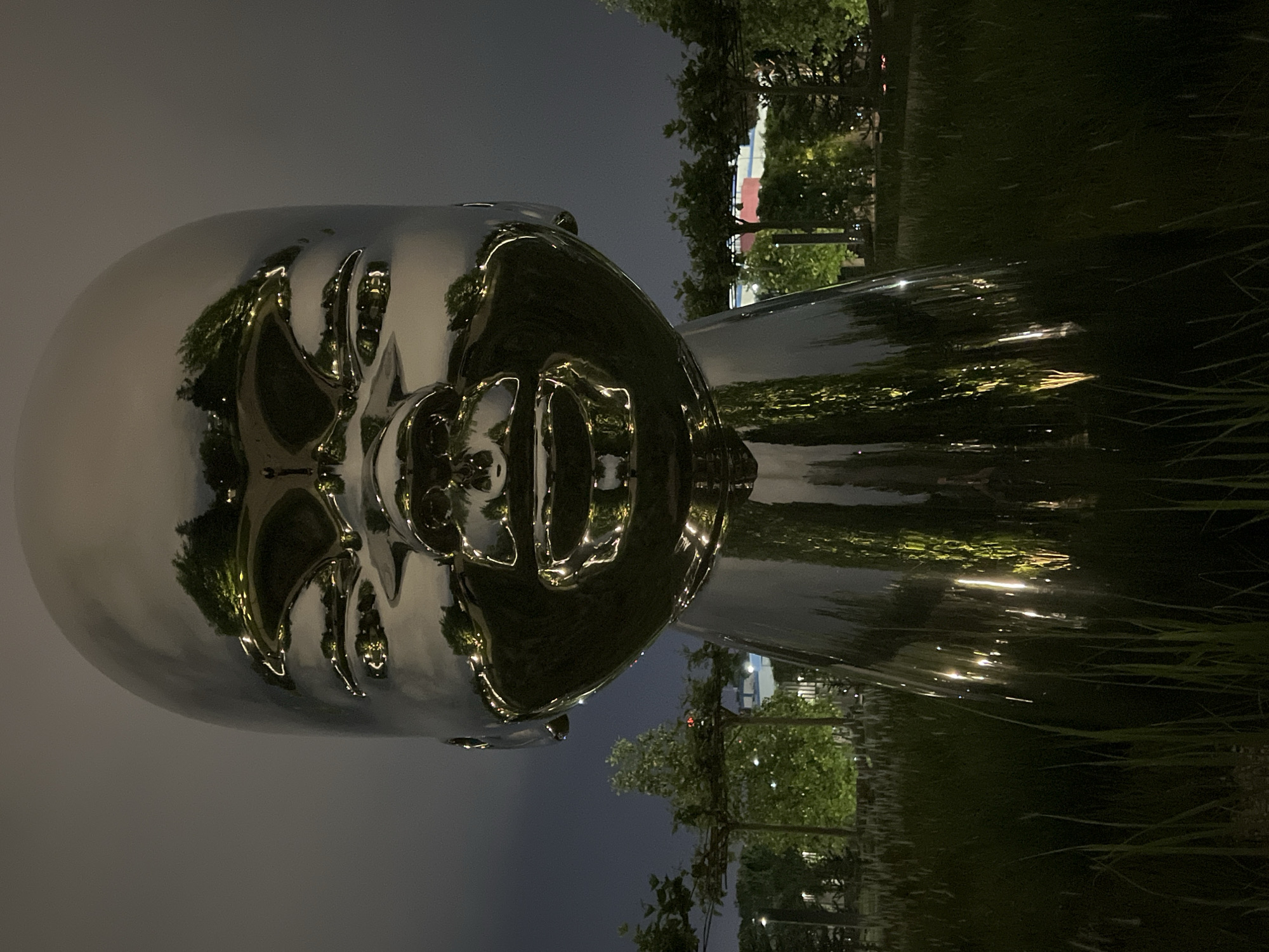 The media file showcases a large, highly reflective, silver-metallic sculpture of a human head and upper neck, situated outdoors at night. The sculpture's smooth, mirror-like surface captures and distorts reflections of its surroundings. Prominently reflected are lush green trees, scattered artificial lights, and the dark night sky, creating dynamic, fragmented images across its contours. The facial features, including the eyes, nose, and mouth, are rendered as deeply set, abstract depressions that also reflect ambient light and shapes.
The sculpture is positioned within a landscaped environment, likely a park or public plaza in Krasnodar, Russia, given the provided context. Green grass is visible in the foreground and background, alongside the foliage of trees, which are directly observed as well as reflected. The scene takes place at night, evidenced by the dark sky and the illumination provided by various light sources, some of which create bright streaks of reflection on the sculpture's polished surface. The weather appears clear, with no indications of precipitation. No people are visible in the image, and there is no discernible text. The overall mood is tranquil and contemplative, highlighting the interplay of art, light, and the nocturnal environment.