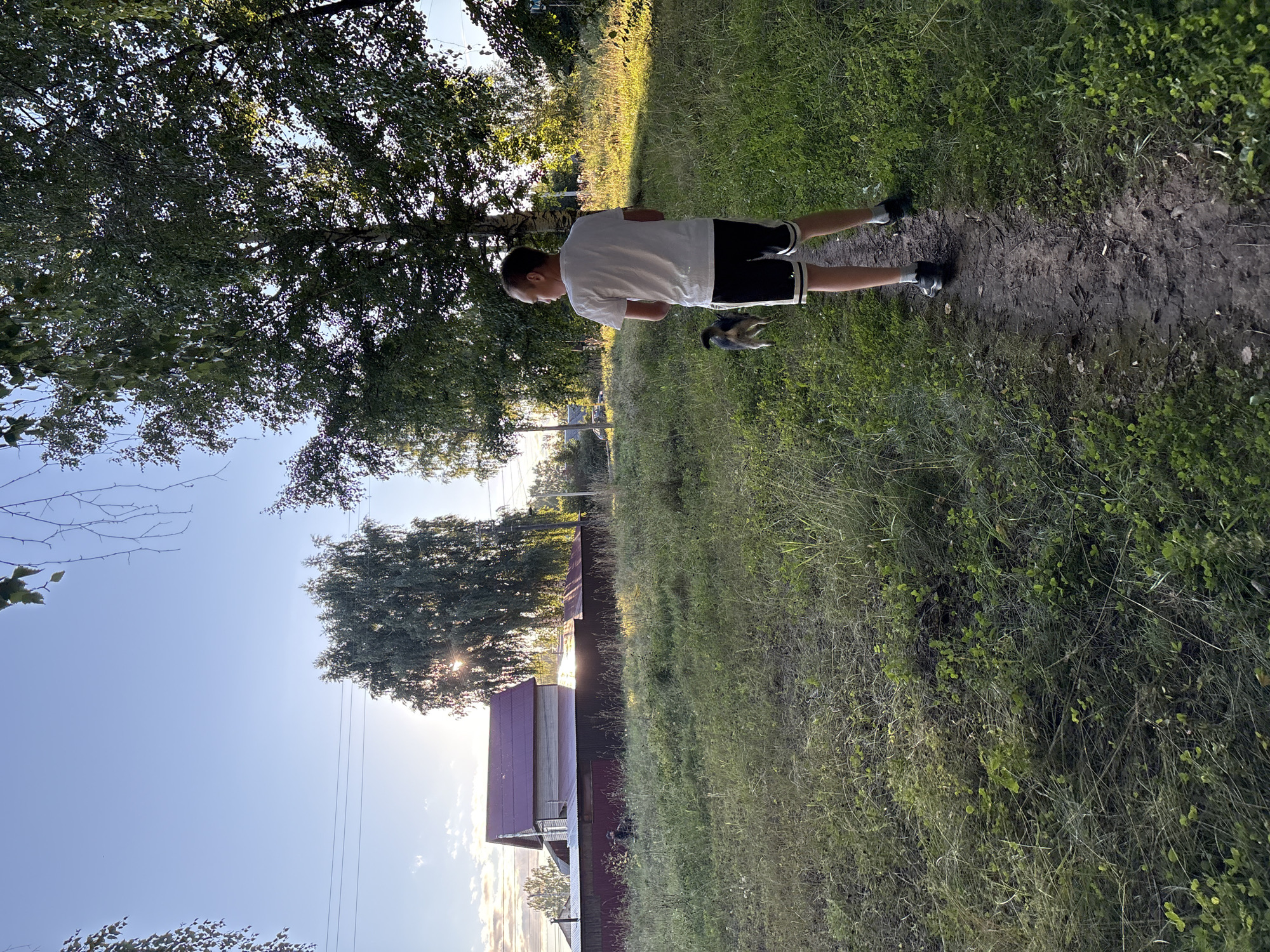 An image taken at eye-level depicts a young male walking on a dirt path in a grassy, rural area, likely in or near the city of Elovo, Russia. The sun is low in the sky, casting long shadows and creating a warm, golden light that illuminates the scene. The male, wearing a white t-shirt and black shorts with white stripes, is walking away from the camera, looking to his right. Beside him, a small dog with dark and light fur is also walking on the path. The path is surrounded by tall green grass and foliage. In the background, a wooden house with a red roof and a corrugated metal fence are visible. Large trees with dense green leaves line the right side of the path, and a few power lines are strung across the sky in the distance. The sky is a clear blue, with a few wispy clouds. The overall impression is one of a serene, late afternoon rural setting.