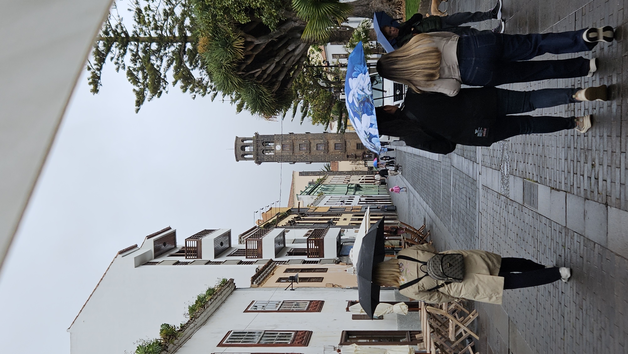 This vertical image depicts a street scene in San Cristóbal De La Laguna, Spain, on an overcast day with signs of rain. In the foreground, a person with blonde hair, wearing a light-colored coat and dark trousers, walks away from the viewer, carrying a patterned backpack and holding a black umbrella. Just ahead, two other individuals are also walking; one, with blonde hair, wears a light jacket and blue jeans, while the other is in a dark top, both seemingly also using umbrellas. A blue umbrella adorned with white floral patterns is prominently visible further up the street.
The street is paved with a mix of light and dark blocks, featuring a visible drainage line running along its center. Traditional buildings with colorful facades, wooden balconies, and multiple windows line both sides of the street, showcasing local architecture. On the left, a large, distinctive tree with thick, gnarled branches, characteristic of a Drago (Dragon Tree), stands prominently. In the background, a tall, rectangular stone bell tower with multiple windows and a visible clock face rises above the rooftops, serving as a significant landmark. The sky is uniformly gray, indicating cloudy weather. No legible text is visible in the frame.