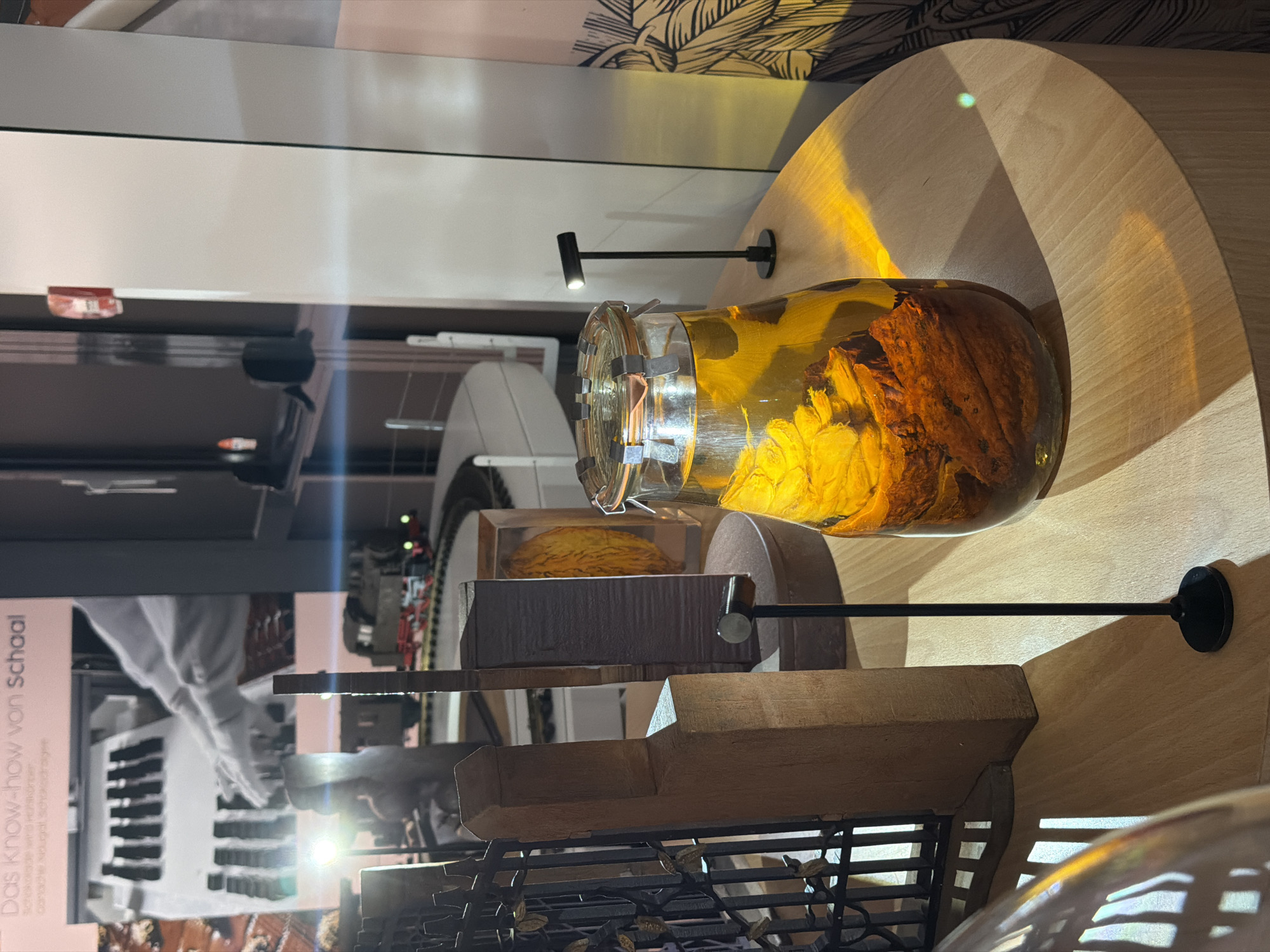 The image shows an indoor exhibit. A jar filled with a translucent liquid and solid matter sits on a light-colored wooden, round table. A black, short, horizontal light fixture is attached to the wall behind the jar. The table is part of a display that includes dark metal grating and other wooden components. In the background, a sign reads "Das know-how von School" along with German text. The location is likely a museum or exhibition space in Illkirch-Graffenstaden, France, given the German text and the appearance of the artifacts on display. The contents of the jar are not immediately identifiable, but they may be preserved specimens.