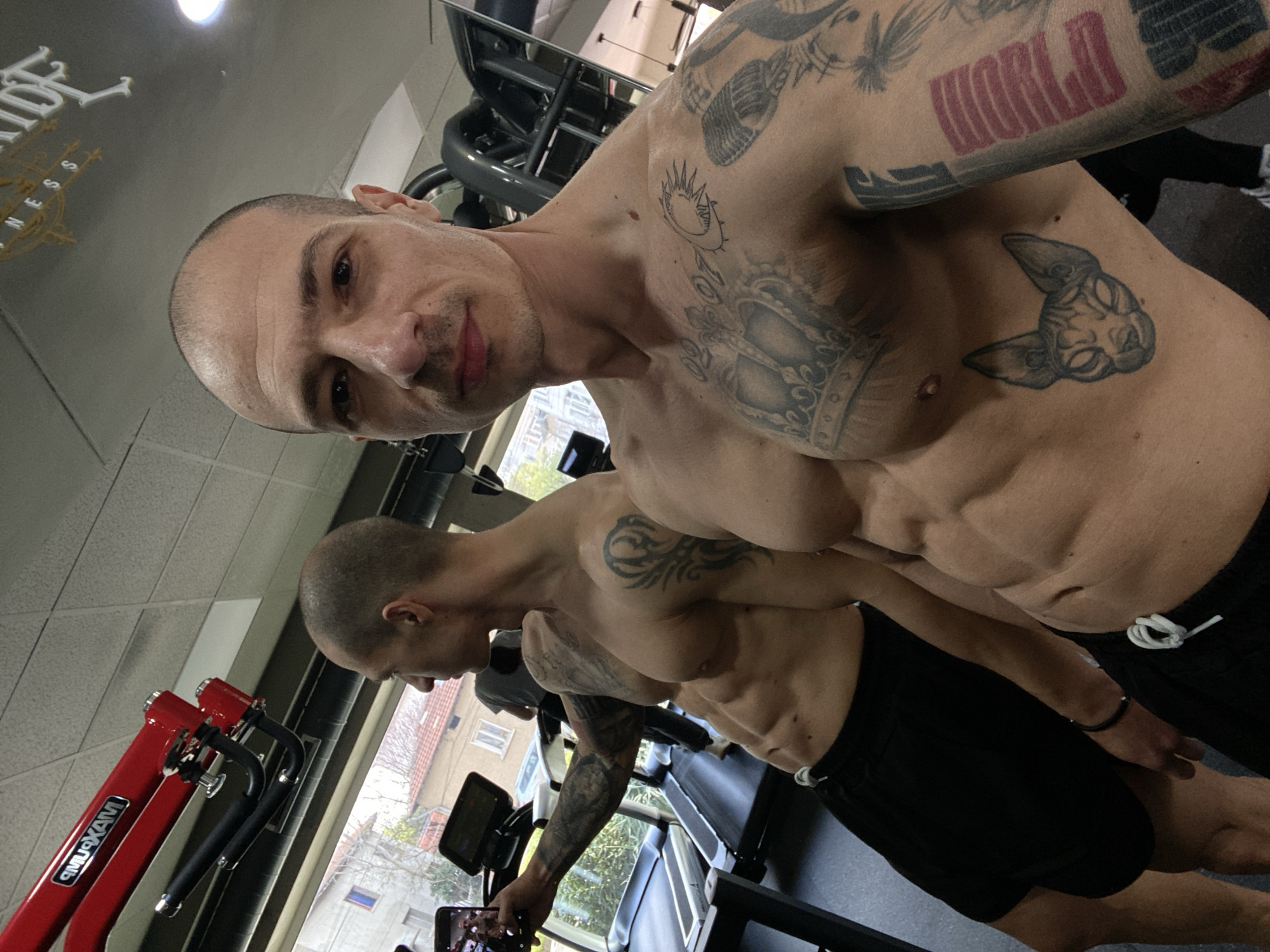 The image shows a shirtless man with a bald head and numerous tattoos on his torso and arms, posing for a selfie at a gym. The man has a muscular physique. His tattoos include the word "WORLD" in block letters on his upper arm, a crown and a cat-like face on his chest, and various other designs. He is wearing black shorts.
In the background, gym equipment is visible, including a treadmill and other exercise machines. A reflection in a mirror reveals a similar scene, with another person visible in the reflection taking a picture of him. Outside the window, a building is seen with white and light blue windows. Based on the visual clues and the user request for the location of the image, it appears to be taken indoors in Pleven, Bulgaria. The interaction of the men include taking pictures and exercising.