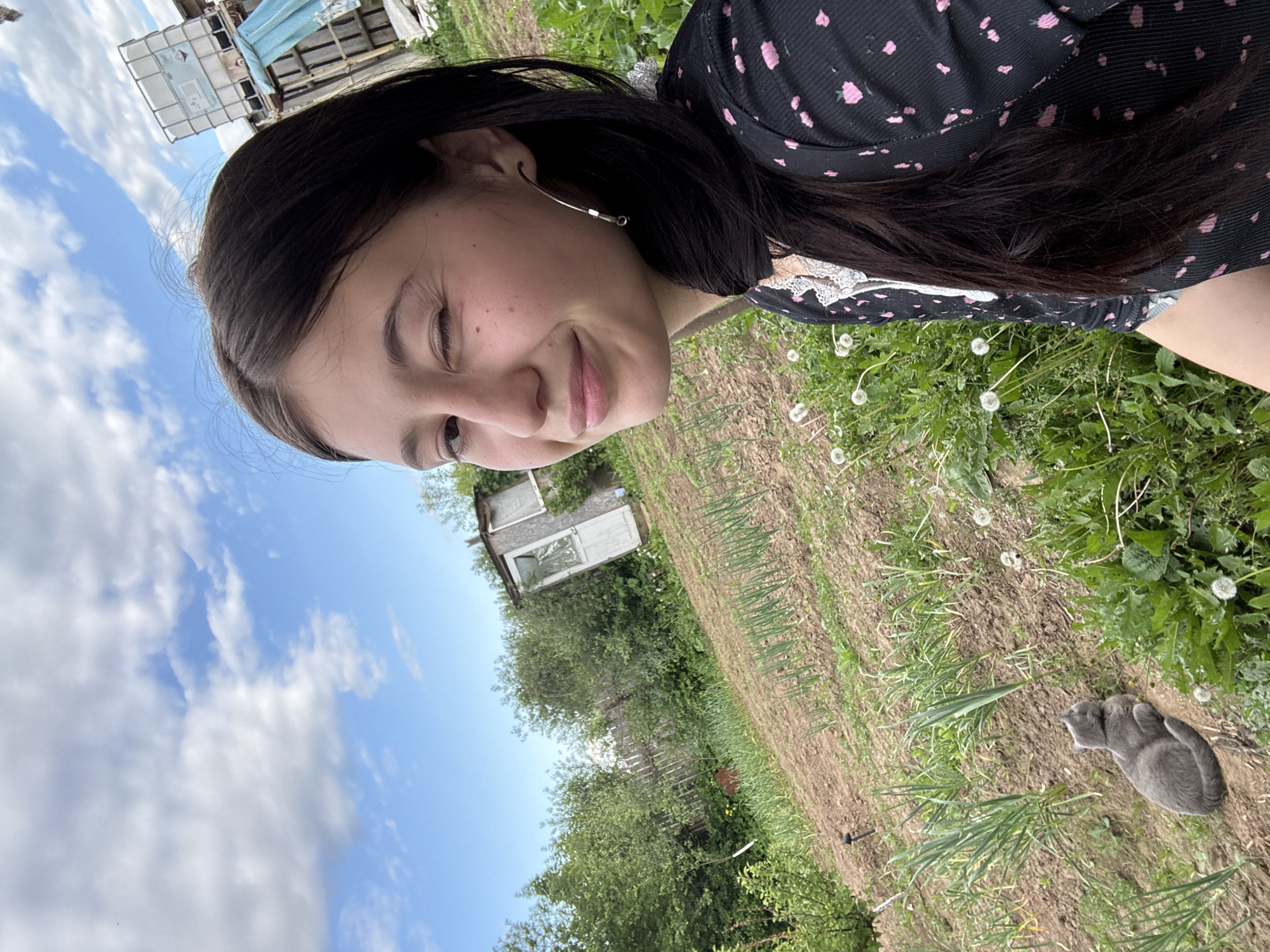 An outdoor scene in Фоки, Russia, features a young woman winking at the camera from the right foreground. She has long dark hair, fair skin, and wears a black, ribbed long-sleeved top with small pink patterns and white lace trim. A silver-colored hoop earring is visible in her left ear. To her left, in the midground, a gray domestic shorthair cat lies on brown tilled earth, facing away from the viewer. The ground is cultivated with rows of green plants, possibly onions or garlic, and scattered white dandelion seed heads. In the background, under a partly cloudy blue sky, a rustic wooden shed or outhouse leans amidst dense green trees and bushes. Further right in the background, a large white industrial container, possibly an IBC tank, rests on a makeshift structure with blue tarp visible below it. A wooden fence is partially discernible behind the shed.