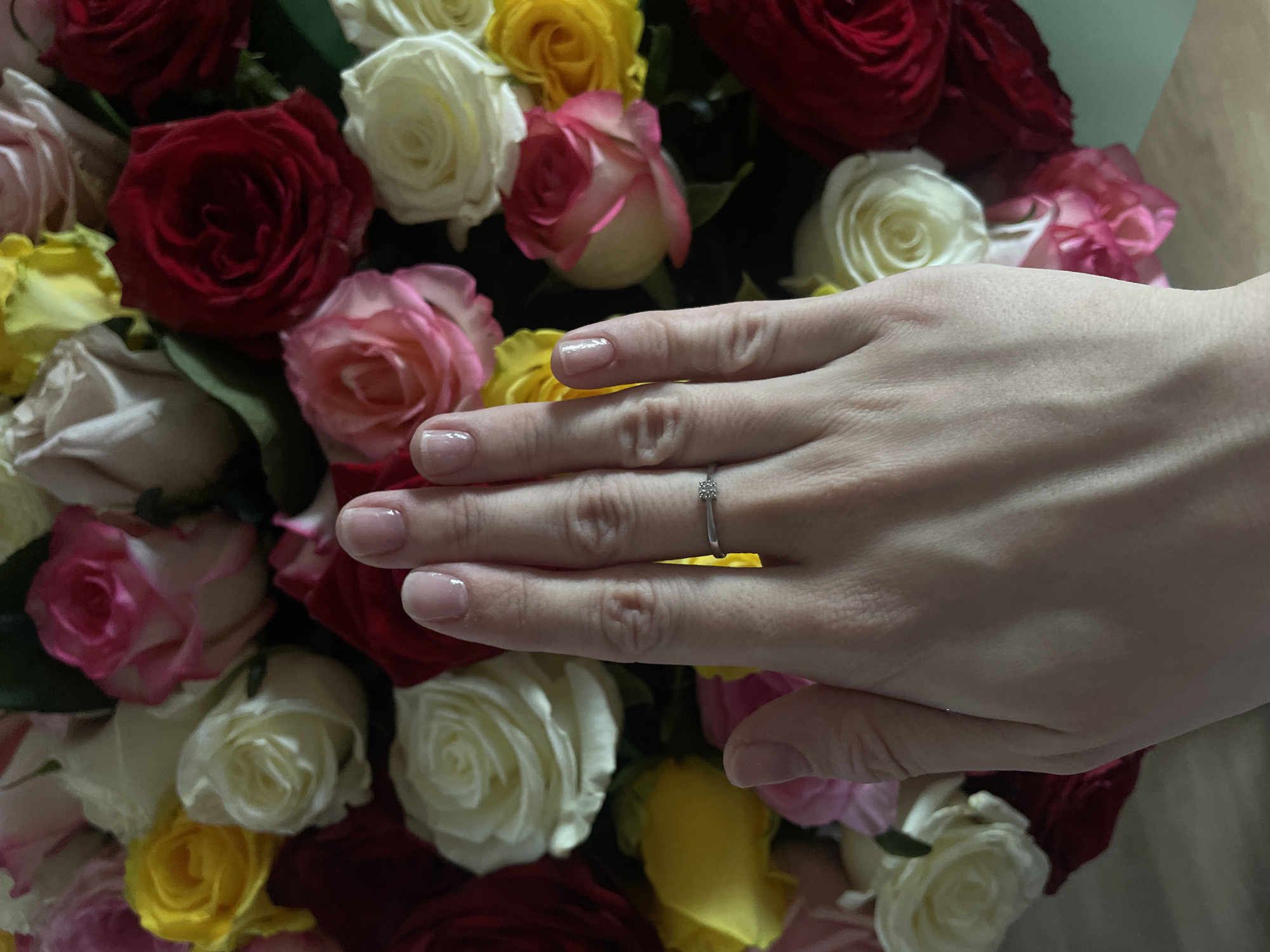 A close-up shot features a person's left hand, presumably female, gracefully resting against a vibrant bouquet of multi-colored roses. The hand has a fair skin tone, with well-maintained nails painted with a clear or natural-toned polish. A slender, silver-toned ring, set with small, sparkling stones, is worn on the fourth finger of the hand, indicating a possible engagement, marriage, or significant gift.
The background is a lush display of roses in full bloom, occupying most of the frame. The bouquet comprises roses of various hues, including rich red, soft pink, creamy white, and bright yellow, creating a striking contrast and visual depth. The flowers appear fresh and are densely packed, with some hints of green foliage visible between the blossoms.
The scene conveys a sense of celebration, joy, or affection, characteristic of receiving or admiring a special gift like flowers and a ring. The lighting is soft and even, suggesting an indoor environment. There is no visible text within the image. The overall composition highlights the elegance of the hand and the beauty of the floral arrangement. This event is contextualized to Votkinsk, Russia.