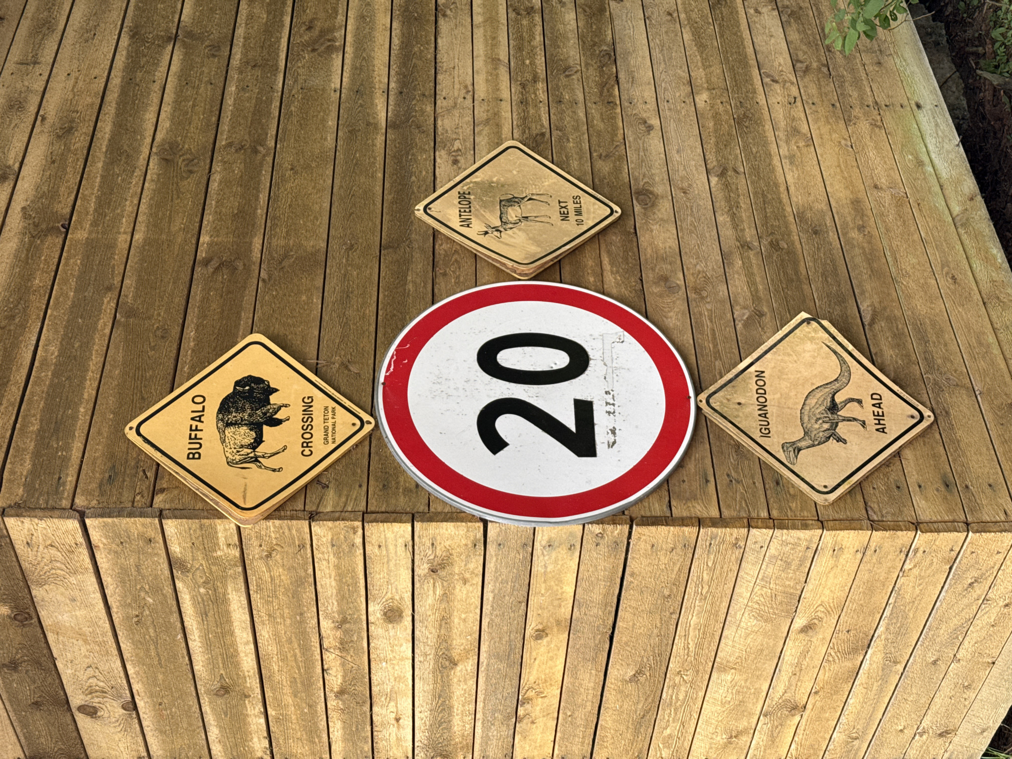 The image shows a wooden wall on the exterior of a building. Mounted on the wall are four signs and a circular speed limit sign. The signs are, from top to bottom and left to right: a diamond-shaped sign with a drawing of a buffalo and the text "BUFFALO CROSSING GRAND TETON NATIONAL PARK", a circular sign with a red border and the number "20" in black, a diamond-shaped sign with a drawing of an antelope and the text "ANTELOPE NEXT 10 MILES", and a diamond-shaped sign with a drawing of an Iguanodon and the text "IGUANODON AHEAD". The wooden wall is made of horizontal planks with visible grain and knots. The ground below the wall is covered with dark soil and some greenery. The image does not provide any information about the city of Orekhovo, Russia, as it is a scene from a national park.
