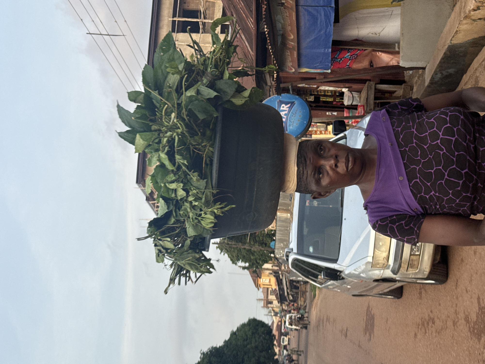 A woman in Enugu, Nigeria, carries a large black basin filled with green foliage on her head. She is wearing a purple and black patterned garment. A silver car is parked beside her, and in the background, there are shops and buildings lining a street. The sky appears overcast, suggesting a cloudy day. The scene depicts a typical market or street activity in Nigeria.