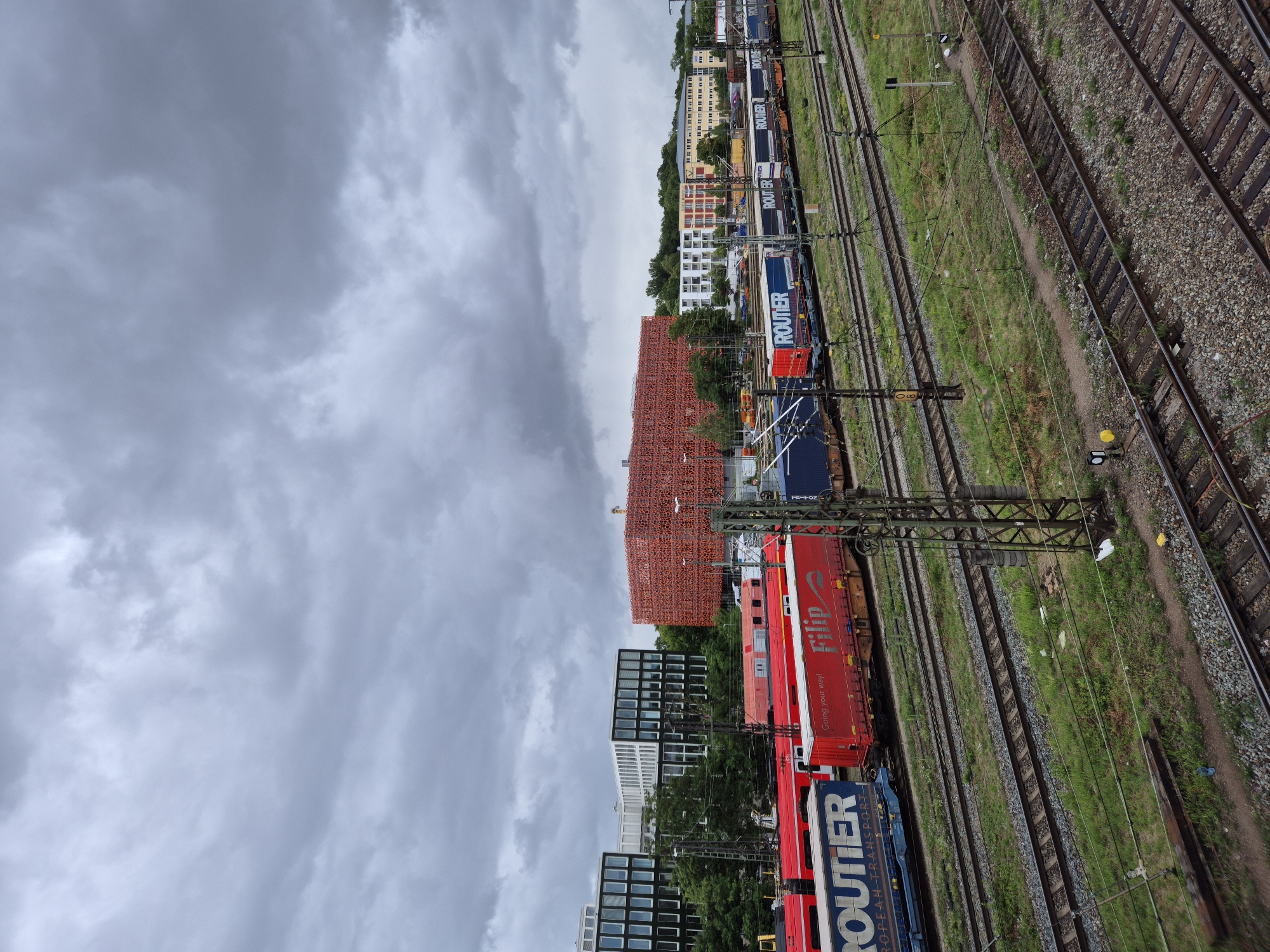 The image captures a wide-angle view of a railyard in Regensburg, Germany, under a heavily overcast sky. Several trains are parked on multiple sets of tracks in the foreground and midground. One train consists of blue containers labeled "ROUTIER EUROPEAN TRANSPORT". Another train features red wagons with white lettering that reads "Filip" and "Going your way!". Further down the tracks, more blue containers with "ROUTIER" visible are present. In the background, there are several modern buildings. The most prominent is a large, multi-story building with an intricate, red, lattice-like facade. Adjacent to it are white and black glass-fronted buildings, as well as other buildings with colorful facades. The railyard is bordered by green grass and trees. Electrical poles and wires associated with the railway system are visible throughout the scene. The overall atmosphere is one of industrial activity within an urban setting.