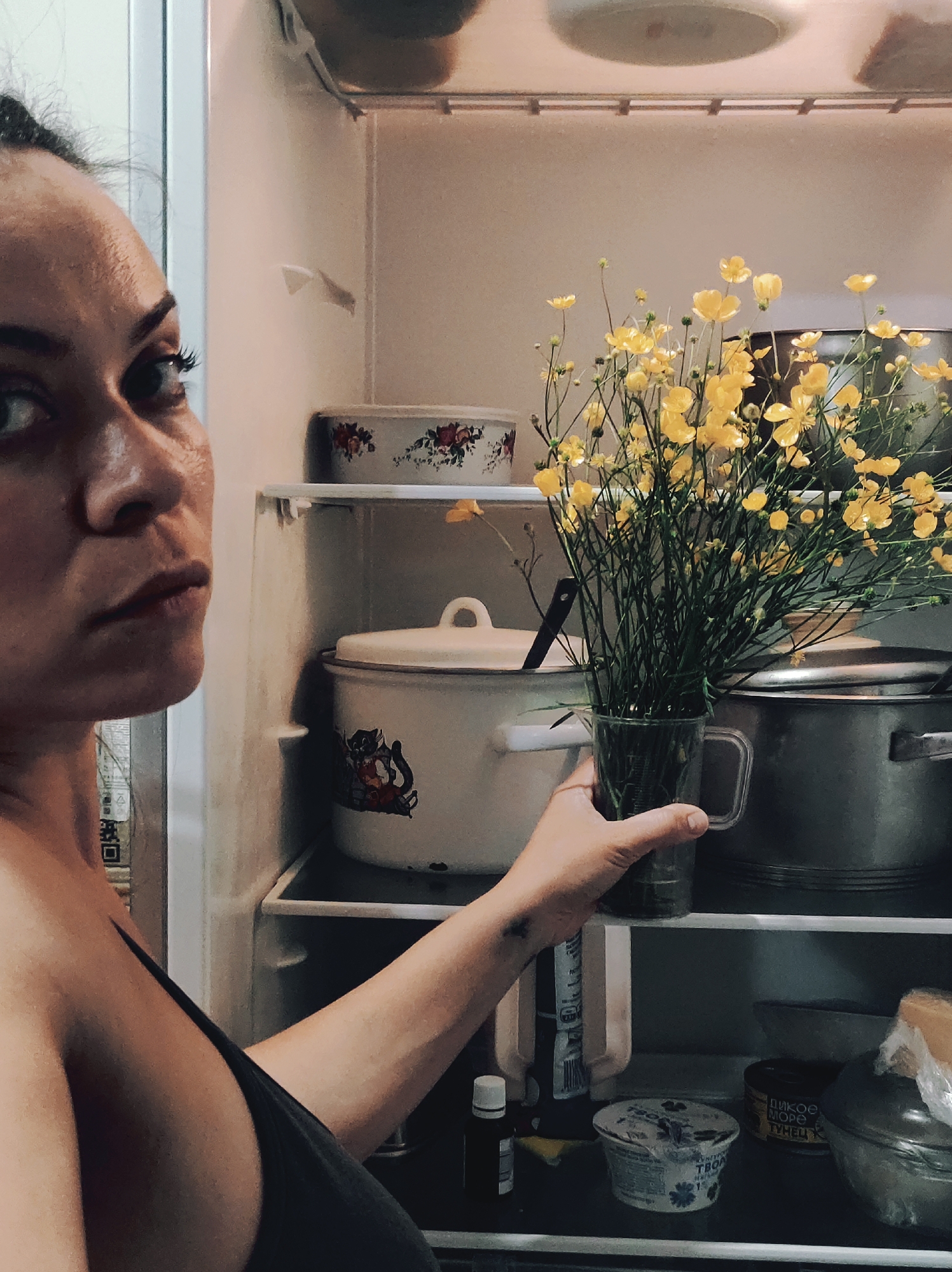 An adult female, with dark hair pulled back and visible facial features including dark eyebrows and prominent eyelashes, is depicted from the chest up on the left side of the frame. She wears a dark sleeveless top. Her gaze is directed slightly past the camera, while her body is turned towards an open, white-interior refrigerator. Her right hand, exhibiting a faint dark mark on the inner forearm, holds a clear glass pitcher containing a dense bouquet of small yellow wildflowers with green stems.
The interior of the refrigerator is visible behind her. From top to bottom:
- The top shelf shows part of a rectangular, white enamelware dish with a red and green floral pattern. A dark pot is partially visible behind the flowers.
- The middle shelf holds a large, white enamelware pot with a lid, featuring a black cat design in red/orange on its side. To its right, a larger, dark grey metal pot with a lid and handles.
- The bottom shelf contains various food items and containers: a tall bottle with a label, a small white dropper bottle, a white plastic container with a blue/white label (likely a dairy product, "ТВОРОГ" visible), a dark metal can labeled "ДИКОЕ МОРЕ ТУНЕЦ" (Wild Sea Tuna), and a clear glass bowl holding food covered with plastic wrap, topped with a piece of bread-like item.
The scene takes place in an indoor kitchen setting, in the city of Unknown, Unknown.