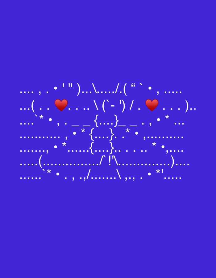 The image is a digital rendering on a solid purple background. It features ASCII art composed of white text and symbols. The art depicts a stylized figure with outstretched arms and legs, resembling a human form. A red heart emoji is positioned to the left of the figure's torso. The ASCII art is arranged in horizontal lines, forming a symmetrical and abstract representation. There are no discernible elements that would indicate a specific location in Yerevan, Armenia, or any other real-world setting. The scene is entirely artificial and digital.