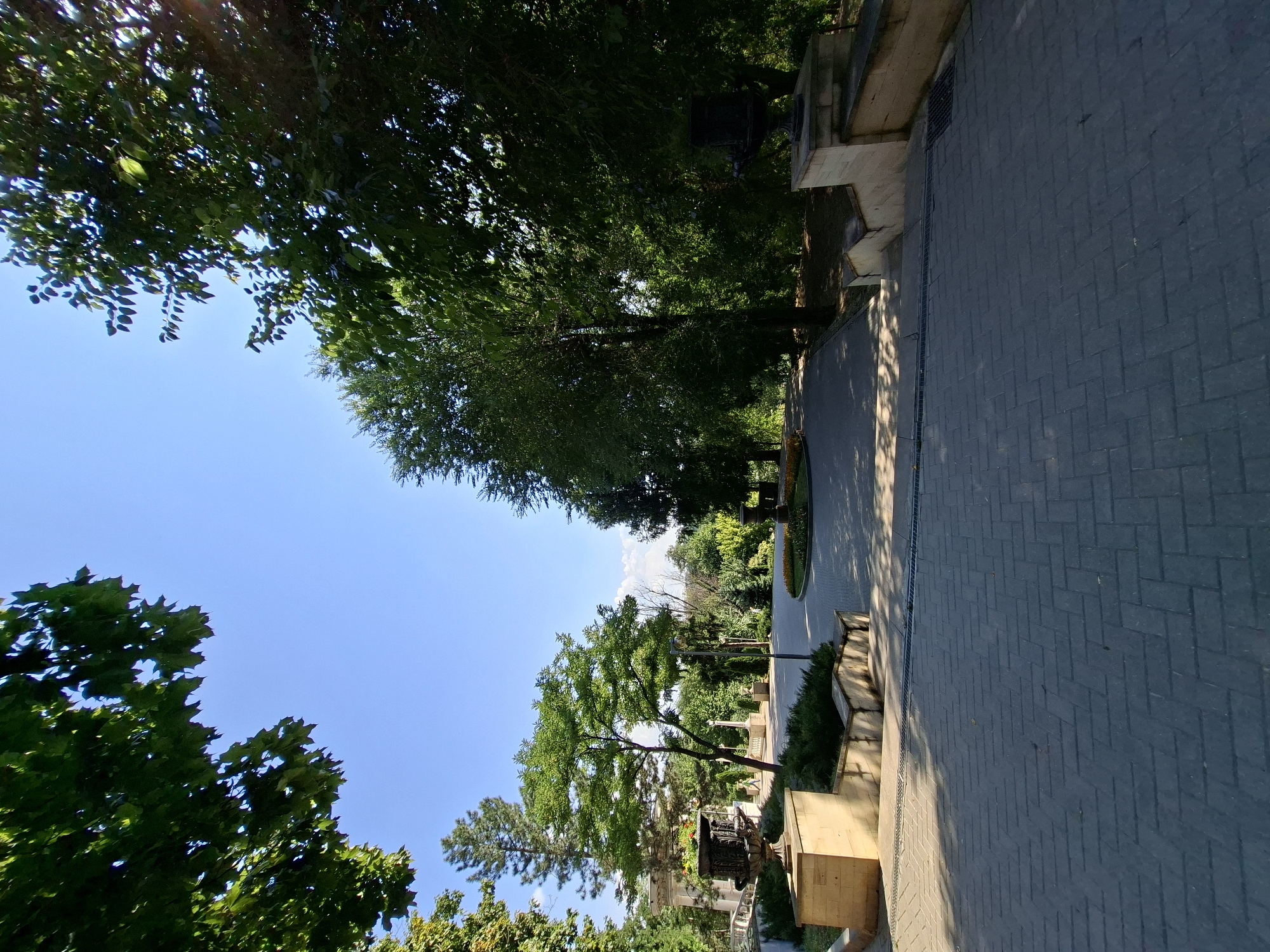 This image depicts an outdoor scene in a park-like setting, likely in Chișinău, Moldova, given the prominent architectural elements and lush greenery characteristic of the region's public spaces. The foreground features a paved walkway made of dark gray interlocking bricks, partially covered by dappled sunlight and shade from overhead trees. To the left and right of the walkway, there are raised, ornate stone planters with dark urns, flanking a set of stone steps leading down.
The pathway continues into the middle ground, curving gently around a circular flowerbed with colorful flowers. Beyond the flowerbed, a street lamp stands tall. To the left of the pathway, a building with a classical architectural style, possibly a pavilion or an older structure, is visible, adorned with decorative elements. A single person, dressed in light-colored clothing, is walking away from the camera on the pathway in the middle ground, adding a sense of scale and activity to the scene.
The background is dominated by mature trees with dense green foliage, casting shadows and creating a natural canopy. The sky is a clear, vibrant blue with a few wispy white clouds. The overall atmosphere is serene and picturesque, suggesting a well-maintained public garden or park designed for leisure and contemplation. The image captures the tranquility and natural beauty of the location under a bright, sunny sky.