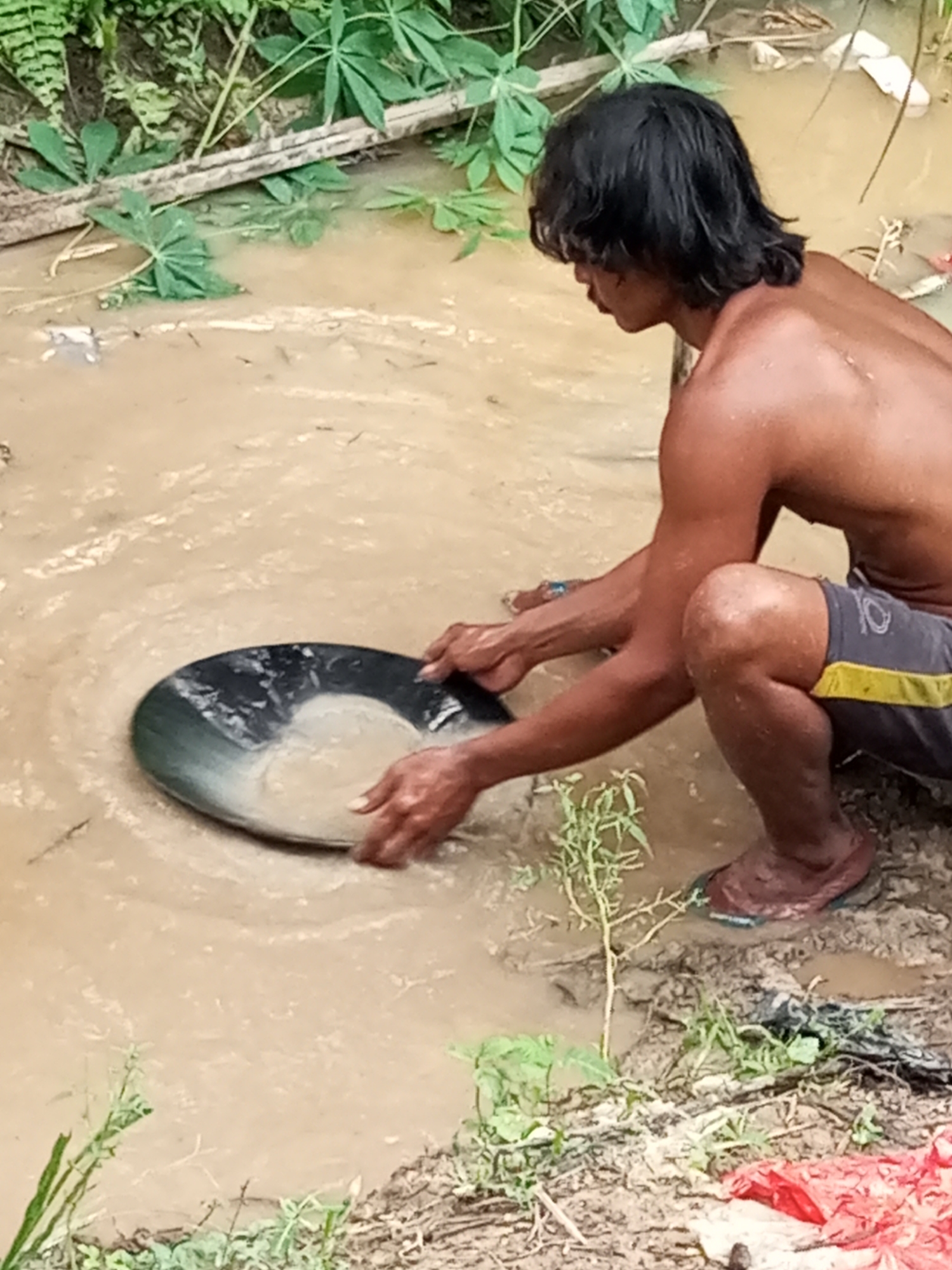 In the city of Keling Panggau, Indonesia, a person is seen crouched in muddy water, panning for gold. The individual, shirtless and with dark, shoulder-length hair, wears dark shorts with a yellow stripe. They are holding a black pan filled with sediment and water, swirling it to separate materials. The environment is natural, with lush green foliage visible in the background and along the muddy banks. The water is murky brown, indicating a possibly natural setting like a river or stream. There are scattered pieces of debris, including white and red plastic, on the ground near the water's edge. The overall scene suggests a traditional gold prospecting activity in a rural or undeveloped area.