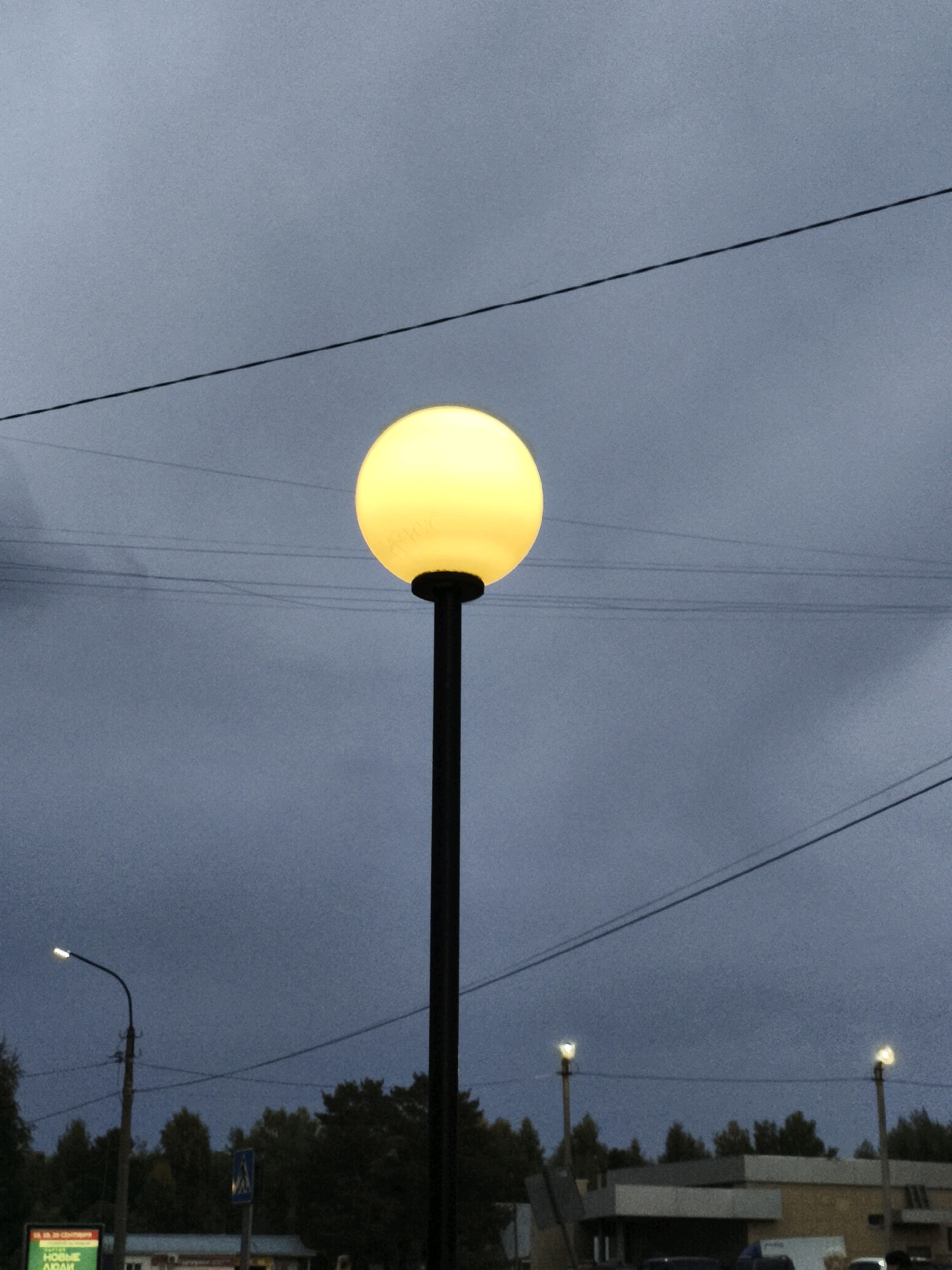 An outdoor, low-angle, medium shot captures a solitary street lamp in the foreground of a dusky, overcast sky in an urban environment. The lamp, with a large, glowing yellow spherical head, stands tall on a dark, slender pole. Several power lines crisscross the sky above, casting faint shadows. In the middle ground, a line of dark trees creates a silhouette against the muted sky, with several more street lamps visible in the distance. The lower portion of the image shows hints of buildings, signs, and a street, suggesting a roadway or public space. The overall atmosphere is subdued and twilight-like.