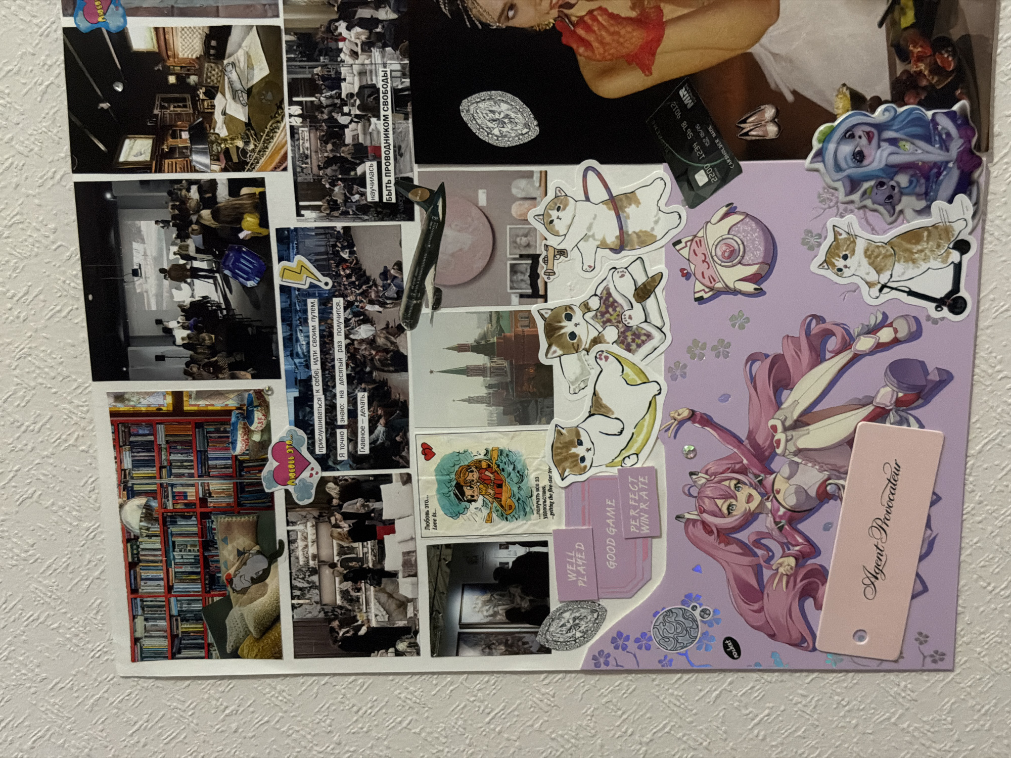 The image is a collage of various photographs and stickers, primarily featuring anime-style characters, cats, and motivational quotes. The collage is displayed on a textured white wall.
In the top left, a photograph shows a bookshelf filled with books, with a disco ball hanging above it. Below this, another photograph depicts a group of people socializing in a modern interior. To the right of this, a photograph shows a room with antique furniture and books.
The center of the collage includes a cartoon of two characters in a boat, with the text "Love Is..." and Russian text below it. There is also a photograph of a runway show or event with many people seated. A photograph of the Kremlin towers is visible in the lower left.
Numerous stickers are interspersed throughout the collage, including cartoon cats, a pink-haired anime character, and motivational phrases like "WELL PLAYED," "GOOD GAME," and "PERFECT WIN RATE." A credit card and a diamond are also included as stickers.
The overall presentation suggests a personal and creative display, likely a vision board or scrapbook. No specific location in Moscow is identifiable from the depicted elements.