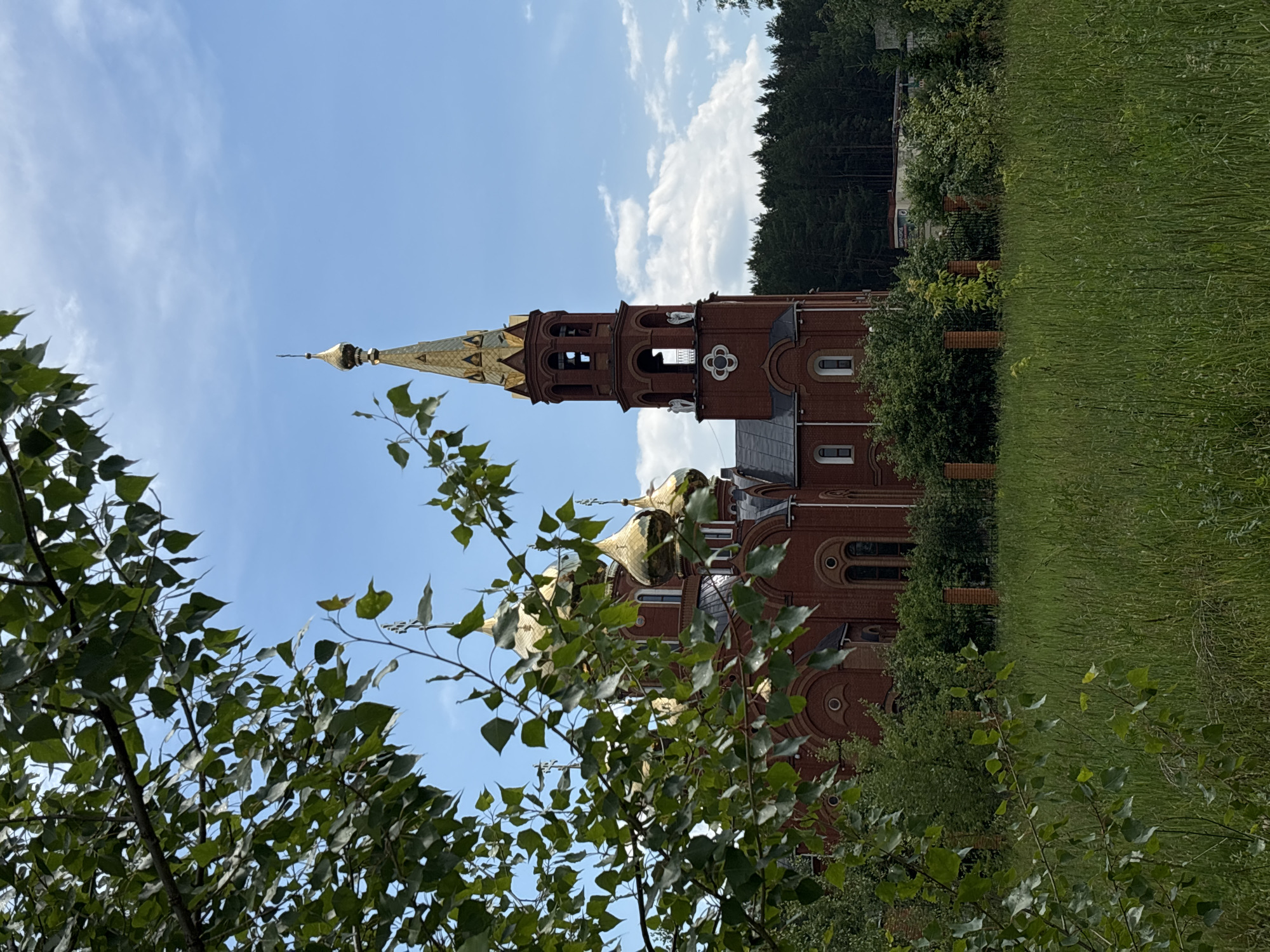 The image captures a red brick church with golden domes, partially obscured by the leaves of a tree in the foreground. The church features a tall bell tower topped with a gilded spire and crosses adorn its domes. In the background, a dense forest borders the church grounds, and the sky is blue with scattered white clouds. The scene appears to be set in a natural environment with tall green grass in the foreground, suggesting a rural or semi-rural location. This church is identified as the Cathedral of the Transfiguration in Chaikovsky, Russia.