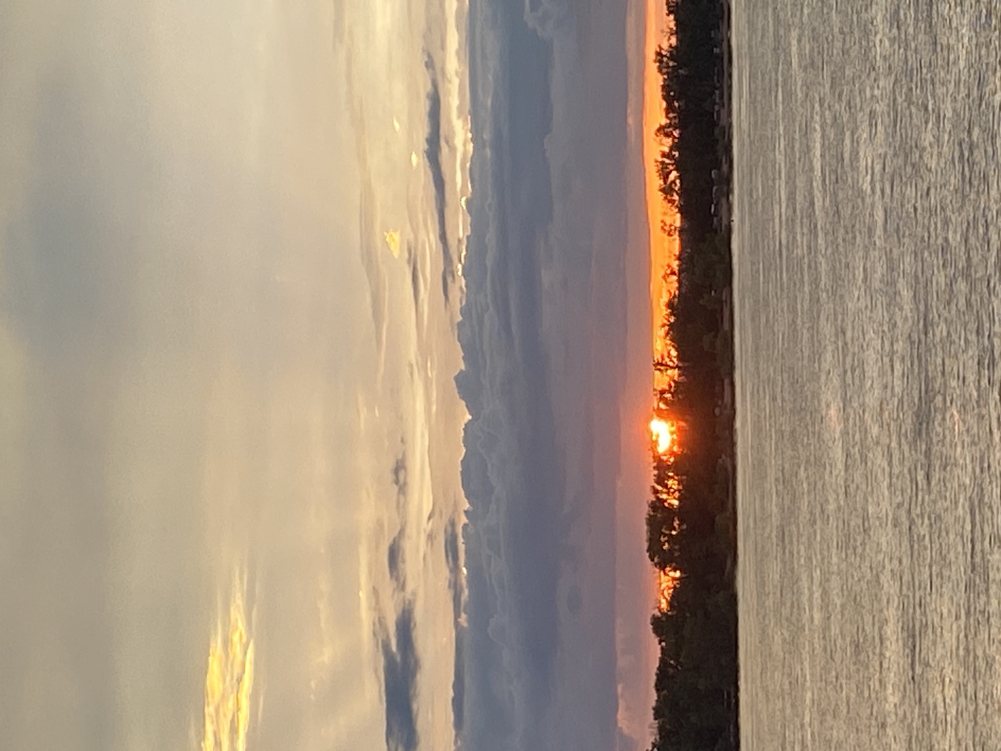 The image depicts a sunset over a body of water, likely a river or a lake, with a tree-lined shore in the background. The sky is filled with clouds in various shades of gray, orange, and yellow, indicating the setting sun. The sun itself is partially obscured by the trees and clouds, casting a warm, bright glow on the horizon. The water in the foreground is calm, reflecting the colors of the sky. The overall scene is serene and picturesque. Based on the provided information, this sunset is located in Novokuybyshevsk, Russia. There are no people or specific objects visible in the scene, making it a natural landscape.
