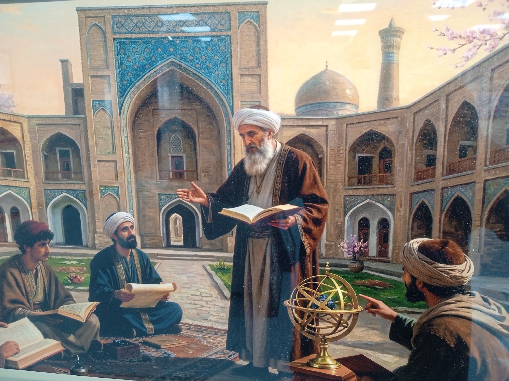 The image depicts a group of men in traditional Middle Eastern attire gathered in the courtyard of a grand, ornate building with intricate blue tilework and arched doorways. In the foreground, an older man with a long white beard, wearing a turban and a dark robe over a lighter garment, stands holding an open book and gesturing with his left hand. To his left, two younger men are seated on a patterned rug, also dressed in turbans and robes. One is reading a scroll, while the other is looking down at an open book. To the right of the standing man, another man wearing a turban and a brown robe is pointing at a brass armillary sphere that sits on a wooden stand. The armillary sphere contains a blue globe. The architectural elements of the building suggest a historical setting, possibly a madrasah or mosque, with minarets and domes visible in the background. The overall atmosphere is one of learning and scholarly discussion. The location is described as the city of Unknown, Unknown.