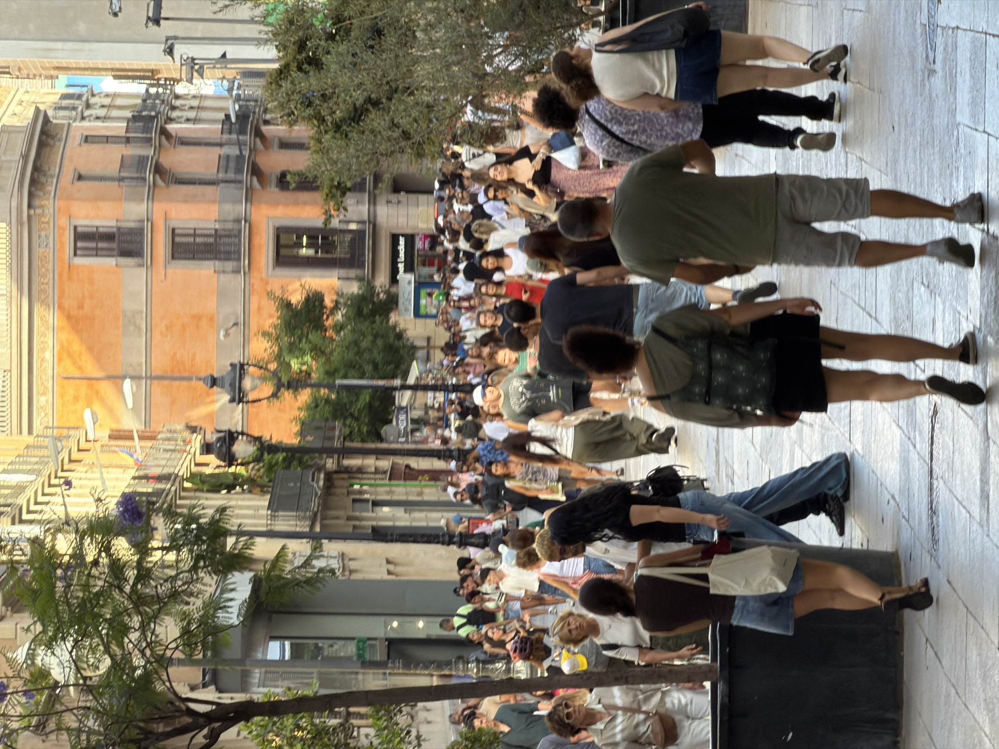 This image captures a bustling pedestrian street scene in Barcelona, Spain. The street is lined with tall, multi-story buildings exhibiting Mediterranean architectural styles, with orange and cream facades and dark-shuttered windows. A prominent orange building dominates the background, featuring multiple balconies with intricate railings. Lampposts, some ornate black cast iron and others modern streetlights, punctuate the walkway. Lush green trees and bushes are interspersed throughout the scene, providing shade and visual interest.
A diverse crowd of people of various ages and ethnicities are walking in both directions along the paved street. Many are casually dressed for warm weather, with women wearing dresses, shorts, and t-shirts, and men in t-shirts and shorts. Several individuals are carrying shopping bags, suggesting a commercial area. The people are moving at a moderate pace, with some walking alone and others in small groups, indicating a public space during daytime hours. The ground is a patterned stone pavement, reflecting the sunlight and adding to the vibrant atmosphere. The overall impression is one of urban life, commerce, and leisure in a lively European city.