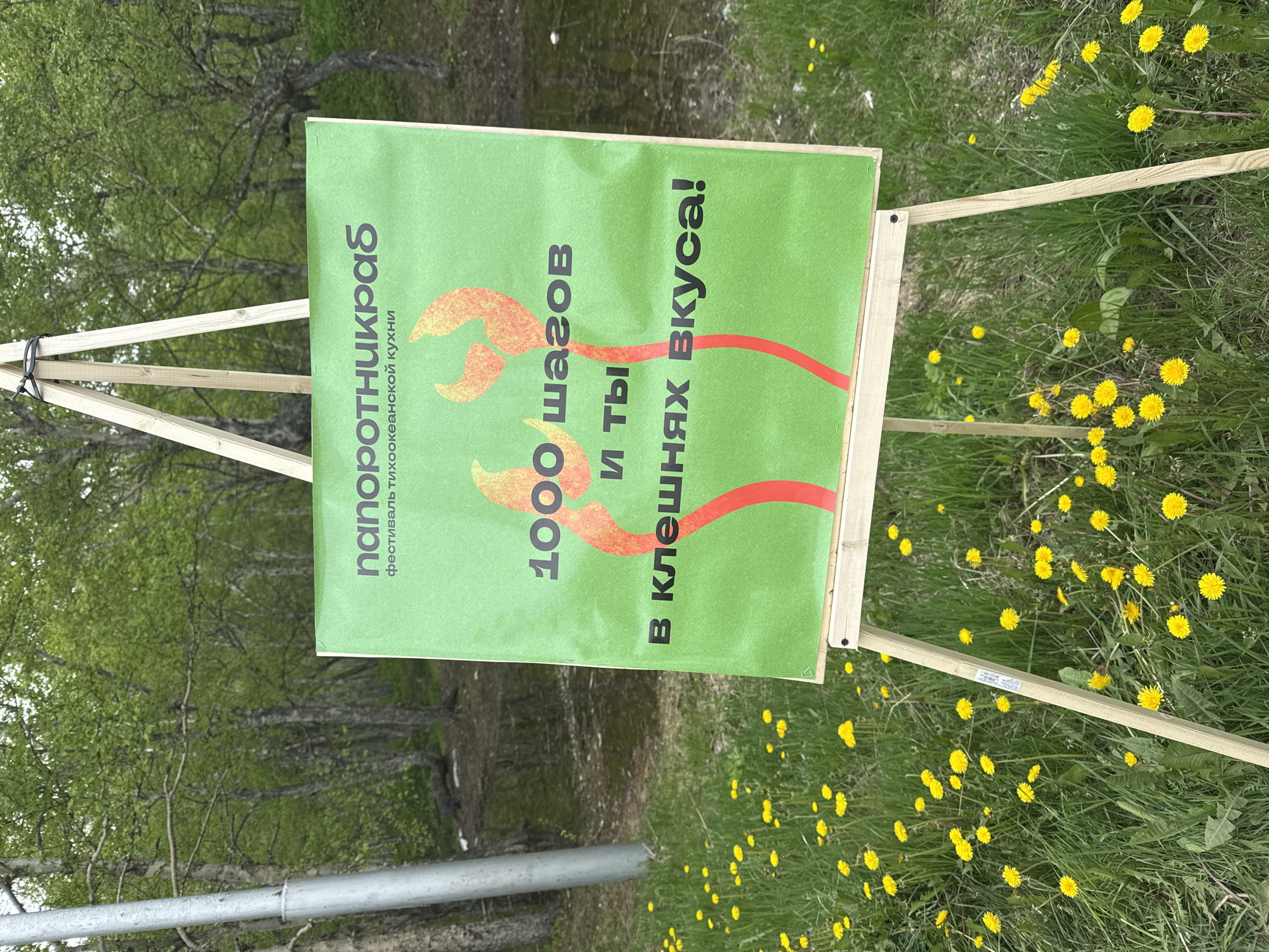 A bright green sign, propped up on a wooden easel, stands in a grassy area dotted with yellow dandelions. The sign features a large, stylized red crab claw graphic. Above the claw, the text "nanopornikrab" is written in large black letters. Below this, in smaller black text, it reads "фестиваль тихоокеанской кухни" (festival of Pacific cuisine). Further down, larger black text says "1000 шагов" (1000 steps), followed by "и ты" (and you), and finally "в клешнях вкуса!" (in the claws of taste!). The background consists of a line of trees with lush green foliage and a body of water, possibly a pond or stream. The overall scene suggests an outdoor event or advertisement in Paratunka, Russia, likely promoting a food festival related to seafood. There are no people visible in the image.