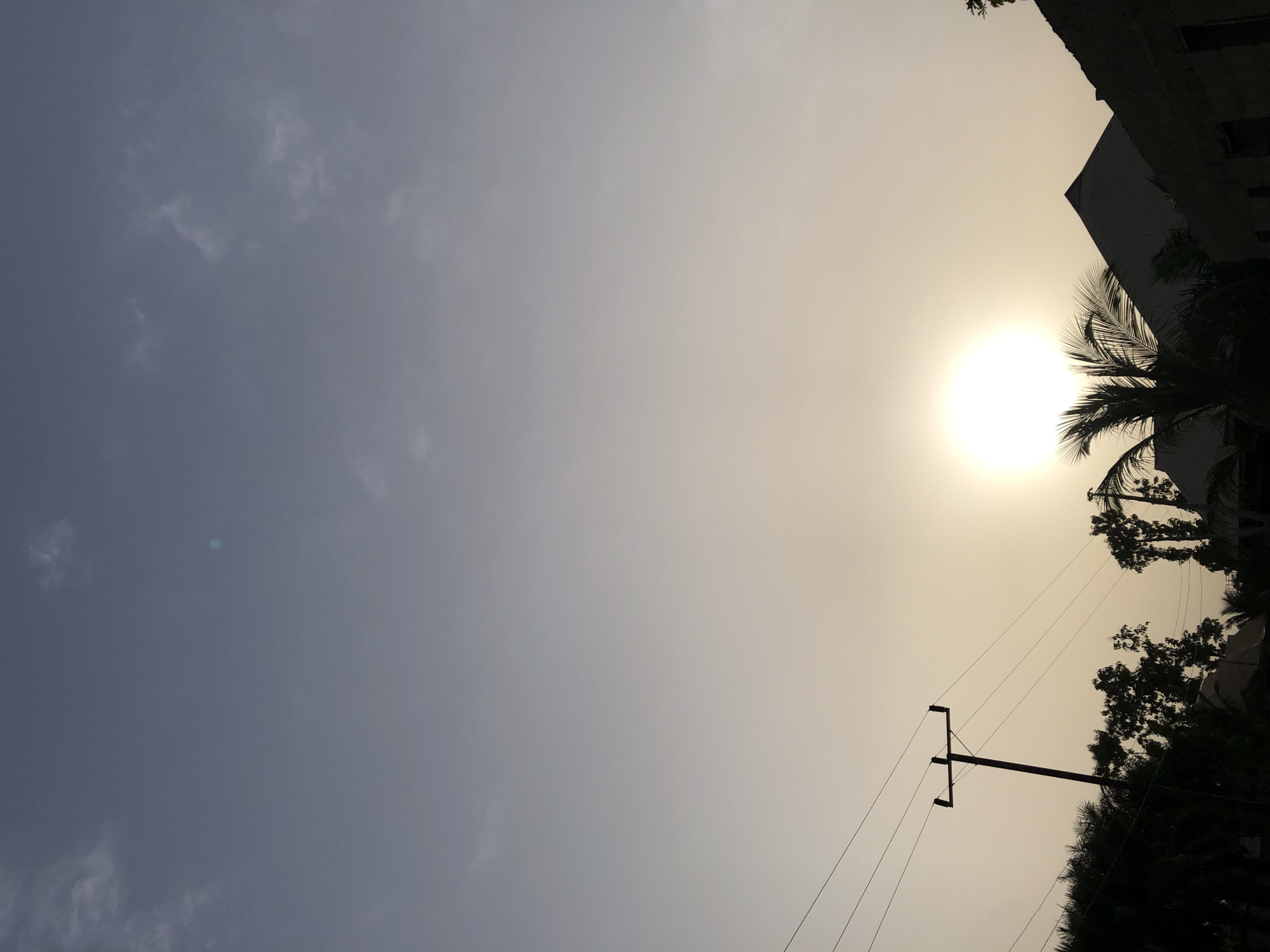The image, taken in Akwanga, Nigeria, captures a vibrant sky scene dominated by a bright sun. The photograph is composed with a strong backlight, causing most foreground elements to appear in silhouette.
The sky occupies the majority of the frame, transitioning from a hazy, bright yellow-white on the right side, where the sun is intensely shining, to a cooler, darker blue-grey on the left. Subtle, lighter cloud formations are visible within the darker parts of the sky. The sun itself is a brilliant, circular white orb, surrounded by a strong atmospheric haze or lens flare, indicating its intensity and direct presence in the shot.
Silhouetted against the radiant sky are various elements. On the upper right, parts of a building with sharp, angular structures are visible. Below and to the left of these buildings, distinct palm fronds and other dense tree foliage are also cast in dark silhouette. In the lower right quadrant, a utility pole with cross arms and multiple wires extending horizontally and diagonally across the lower frame stands out.
The strong backlighting and the low angle implied by the foreground silhouettes suggest the image was captured either during sunrise or sunset. The weather appears hazy, potentially due to atmospheric conditions or dust, common during specific times of day in tropical regions. There are no people or visible text in the image.