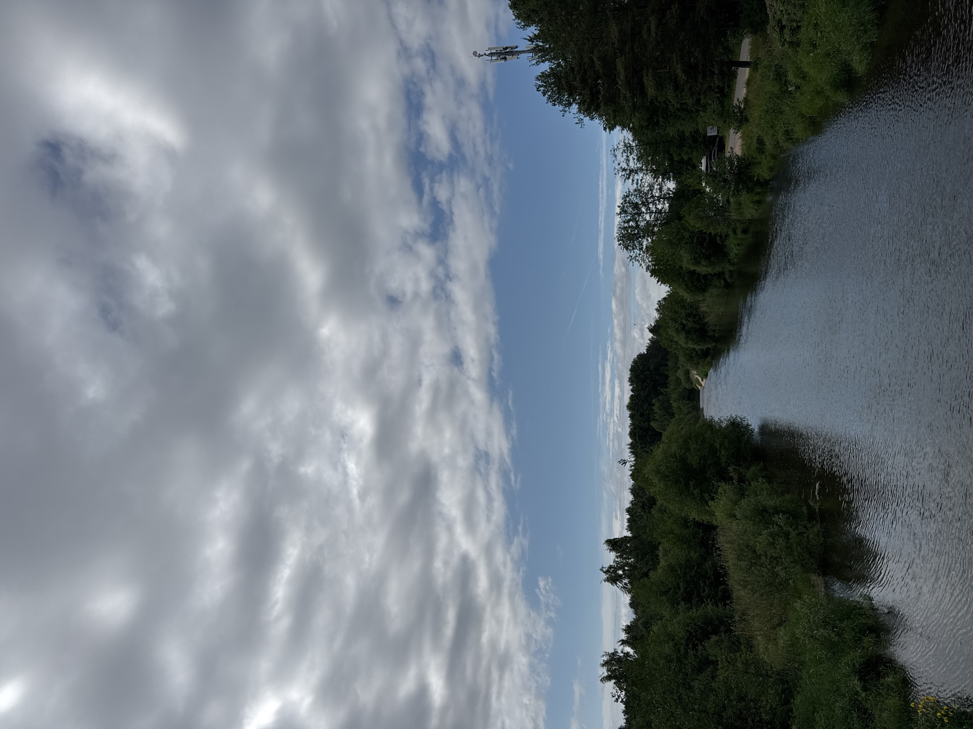 The image depicts a scenic view of the Sestroretsk River in Sestroretsk, Russia, under a partly cloudy sky. The river, with its gentle ripples, flows through a landscape dominated by lush green trees and vegetation lining its banks. On the right side of the river, a dirt road is visible, accompanied by some parked vehicles, including what appears to be a campervan and a dark car. Further along the bank, a tall telecommunications tower stands out against the sky. The sky itself is a mix of grey clouds and patches of blue, suggesting an overcast but not entirely gloomy day. The overall impression is one of a tranquil natural setting within or on the outskirts of the city.