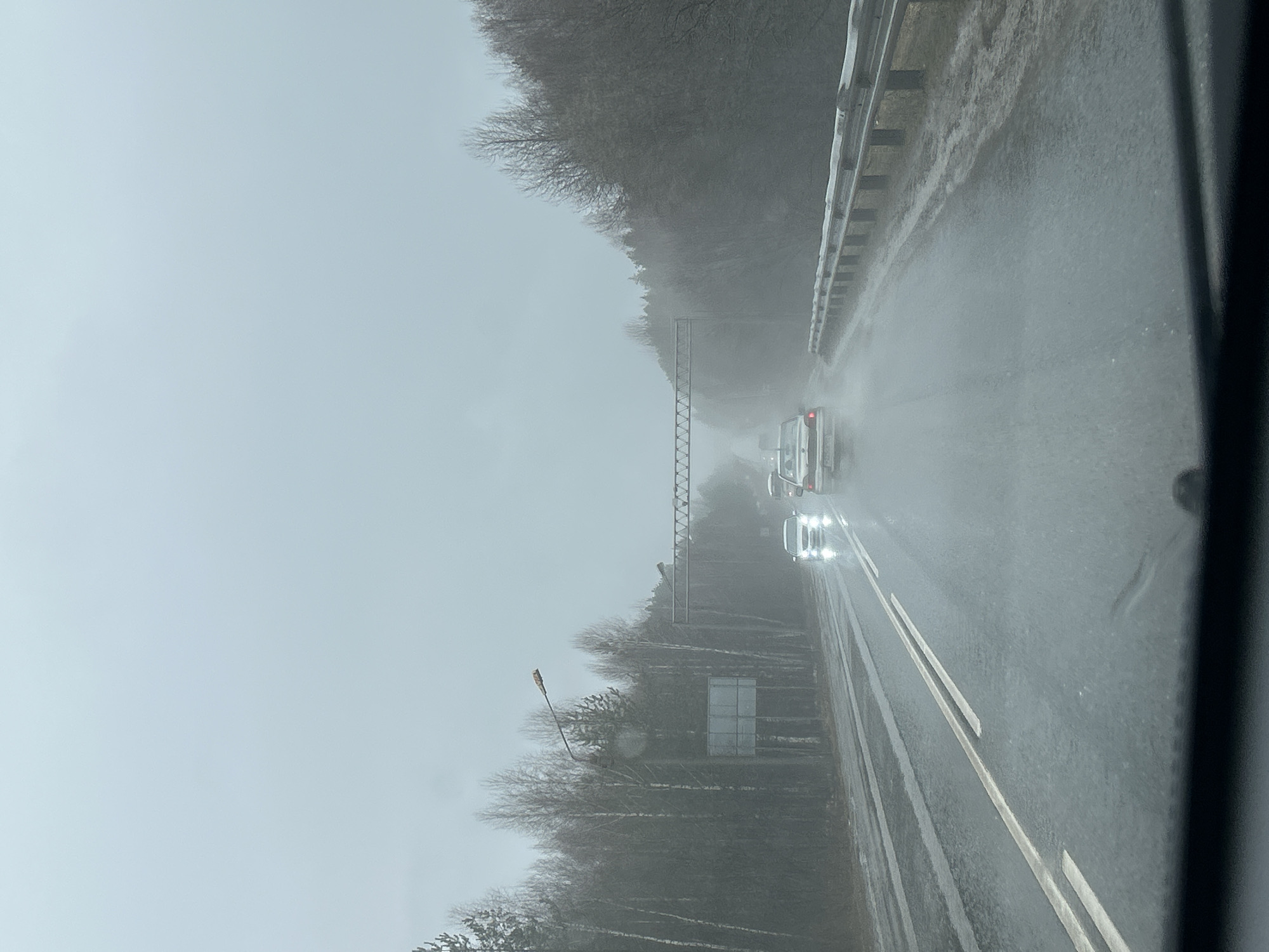 The image depicts a view from inside a vehicle traveling on a wet highway, likely near Chaykovsky, Russia. Two cars are visible ahead in the same lane. The surrounding environment consists of trees on either side of the road, shrouded in fog or heavy rain, which obscures the horizon. The road is marked with white lane dividers. A metal guardrail runs along the edge of the road on the right side of the frame. Overhead infrastructure is visible above the road. The weather conditions appear to be poor, with low visibility.