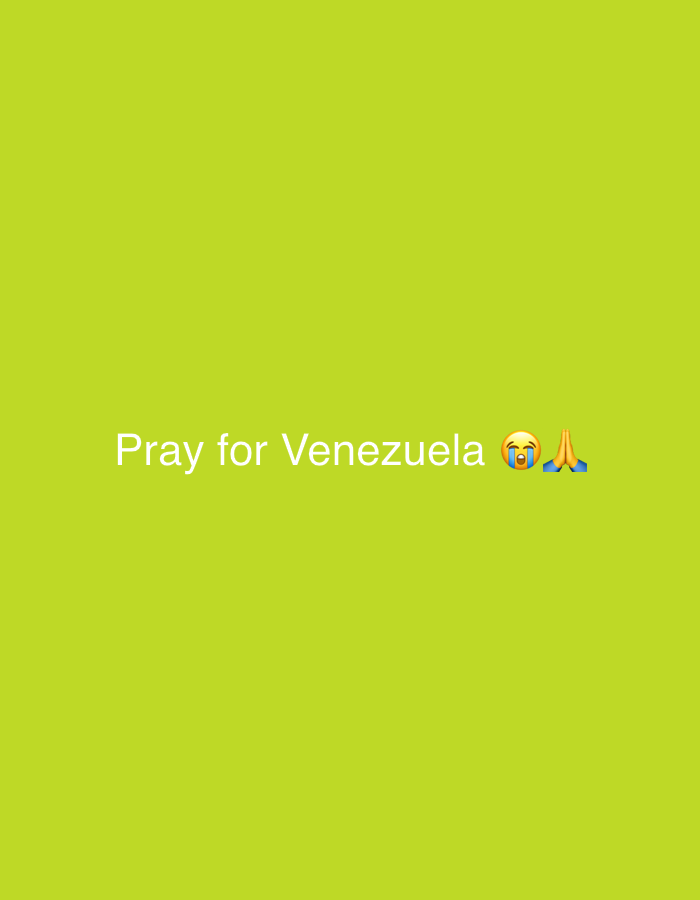 The image features white text on a lime green background. The text reads "Pray for Venezuela" and is accompanied by two emojis: a crying face with closed eyes and a praying hands gesture. The overall tone of the image is one of empathy and concern for Venezuela, with the emojis conveying sadness and a plea for support. There are no other discernible objects, people, or setting details in the image. The time of day, weather, and specific location are unknown.