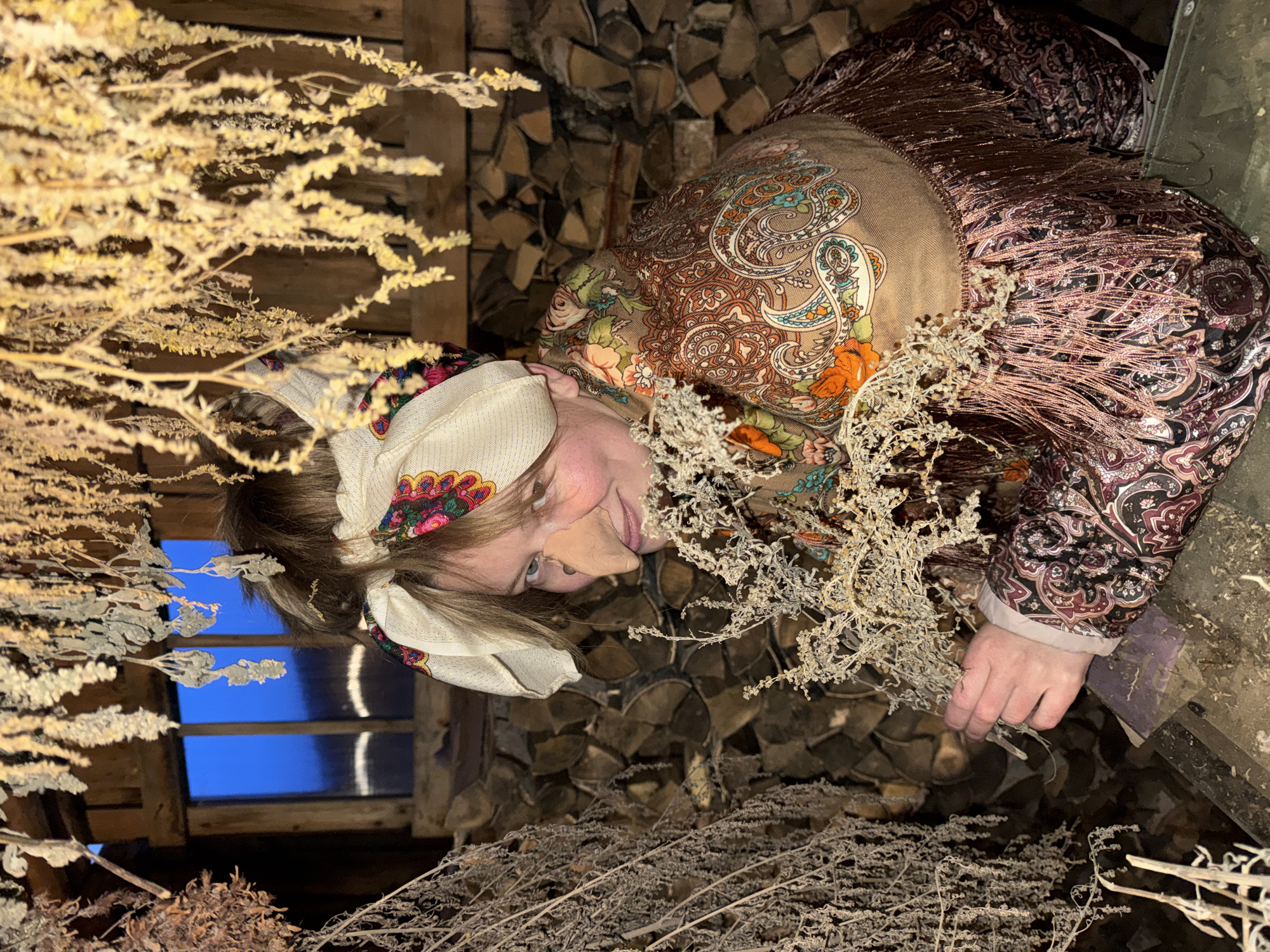 The image features a person, likely female, dressed in traditional-style clothing, surrounded by dried botanical elements within a rustic indoor setting. The person's face is visible, characterized by light-colored eyes, rosy cheeks, and a distinctive, elongated, pointed prosthetic nose in a beige tone. They wear a light-colored headscarf adorned with vibrant floral embroidery in red, green, and blue. Over their upper body, they wear a patterned garment, possibly a jacket or coat, featuring a large paisley design in earthy browns, oranges, and teals on a lighter background, along with sleeves displaying a darker, intricate pattern of burgundy and black motifs and a fringed trim.
The individual is holding and surrounded by several bundles of dried, pale yellowish or grayish bushy plants. In the background, a large woodpile of stacked split logs is prominent, suggesting a woodshed or cabin interior. A rectangular window on the left side of the frame reveals a bright blue sky, indicating it is daytime. The person has a soft, gentle smile, conveying a calm demeanor. The distinct attire and prosthetic nose suggest a costume or character portrayal, possibly for a cultural event or thematic photoshoot. There is no visible text in the image. The location context for this scene is Вассята, Russia.