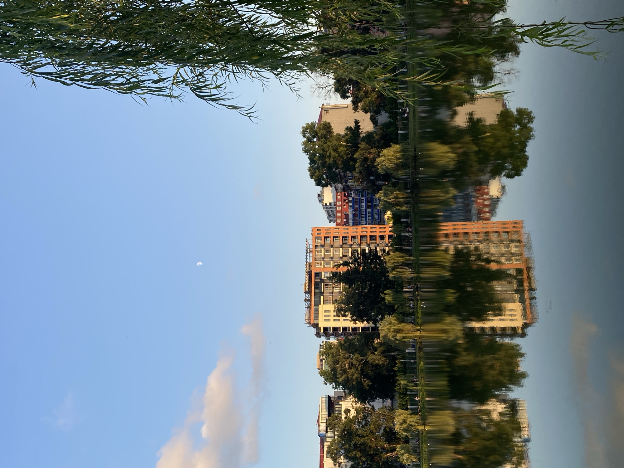 The image shows a serene lake reflecting the cityscape of Batumi, Georgia. The reflection captures tall buildings, lush trees, and the serene sky, creating a mirror image on the water's surface. In the distance, a few people can be seen strolling along the lakefront, enjoying the tranquil atmosphere. The sky is a clear blue, with a few wispy clouds and the moon visible. A weeping willow tree drapes its branches into the frame from the right, adding a touch of natural beauty to the urban landscape. The overall scene evokes a sense of peace and calm, characteristic of a pleasant day in Batumi.