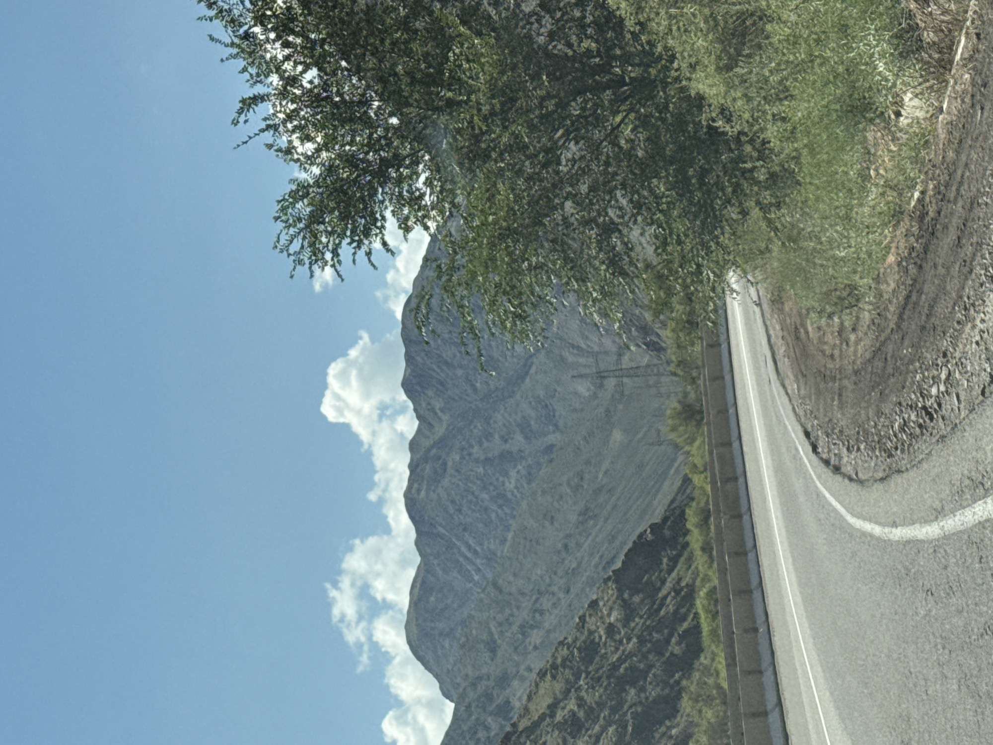 The image depicts a winding asphalt road with a white lane marker, curving through a mountainous, arid landscape under a bright blue sky with scattered white clouds. On the left side of the road, a concrete barrier separates it from a steep, rocky mountainside covered in sparse vegetation. The right side of the road features a dense growth of green trees and bushes, with more rugged terrain visible beyond. In the background, large, rugged mountains dominate the scene, with a power line tower visible on the slopes. The overall impression is of a remote, scenic route through a natural, undeveloped area.