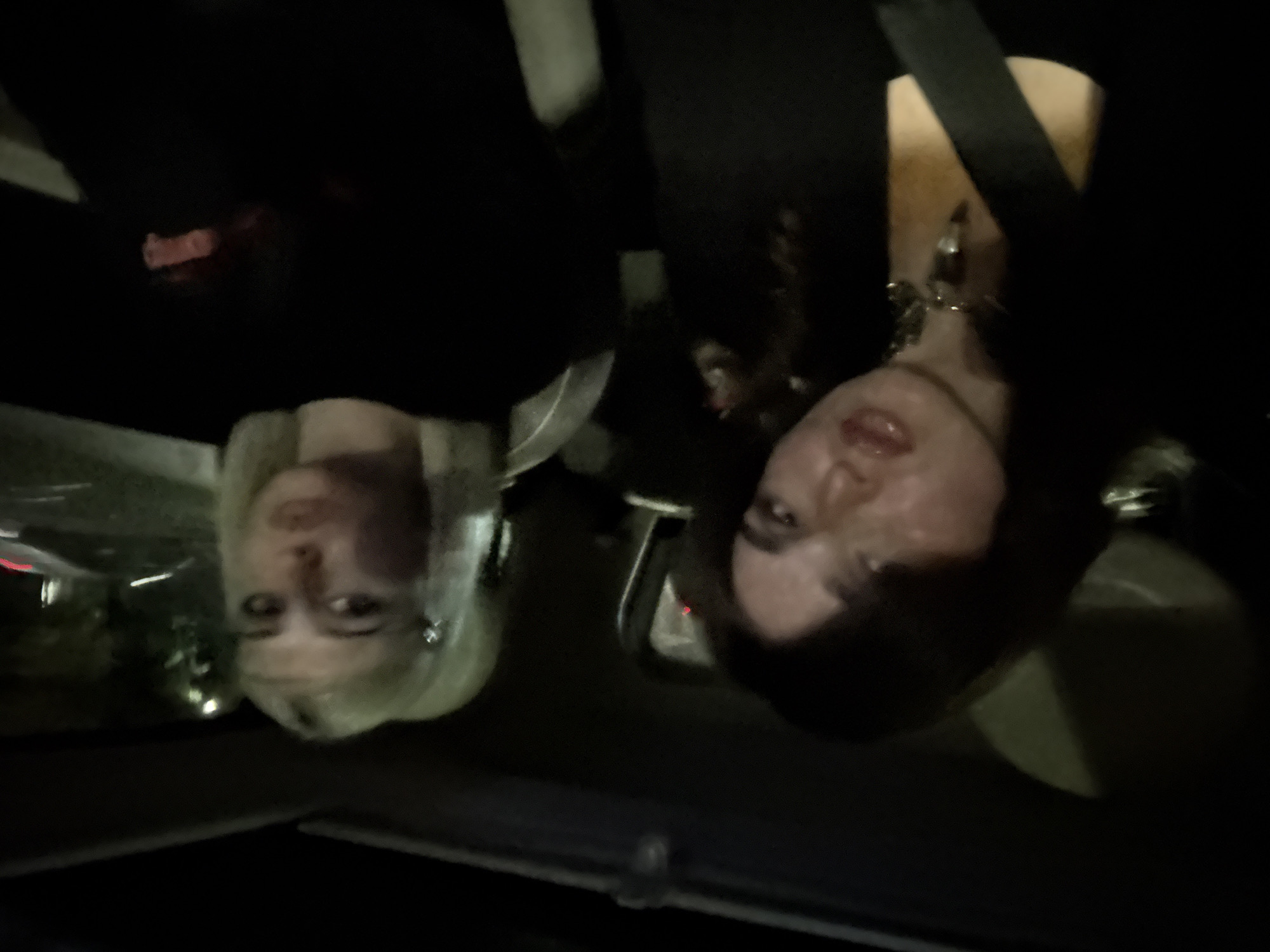 Two individuals are in a car at night. One has blonde hair, and the other has dark hair, wearing a seatbelt and a necklace. The setting is dark with limited visibility, making identification of specific landmarks in Milan impossible based on the given image.