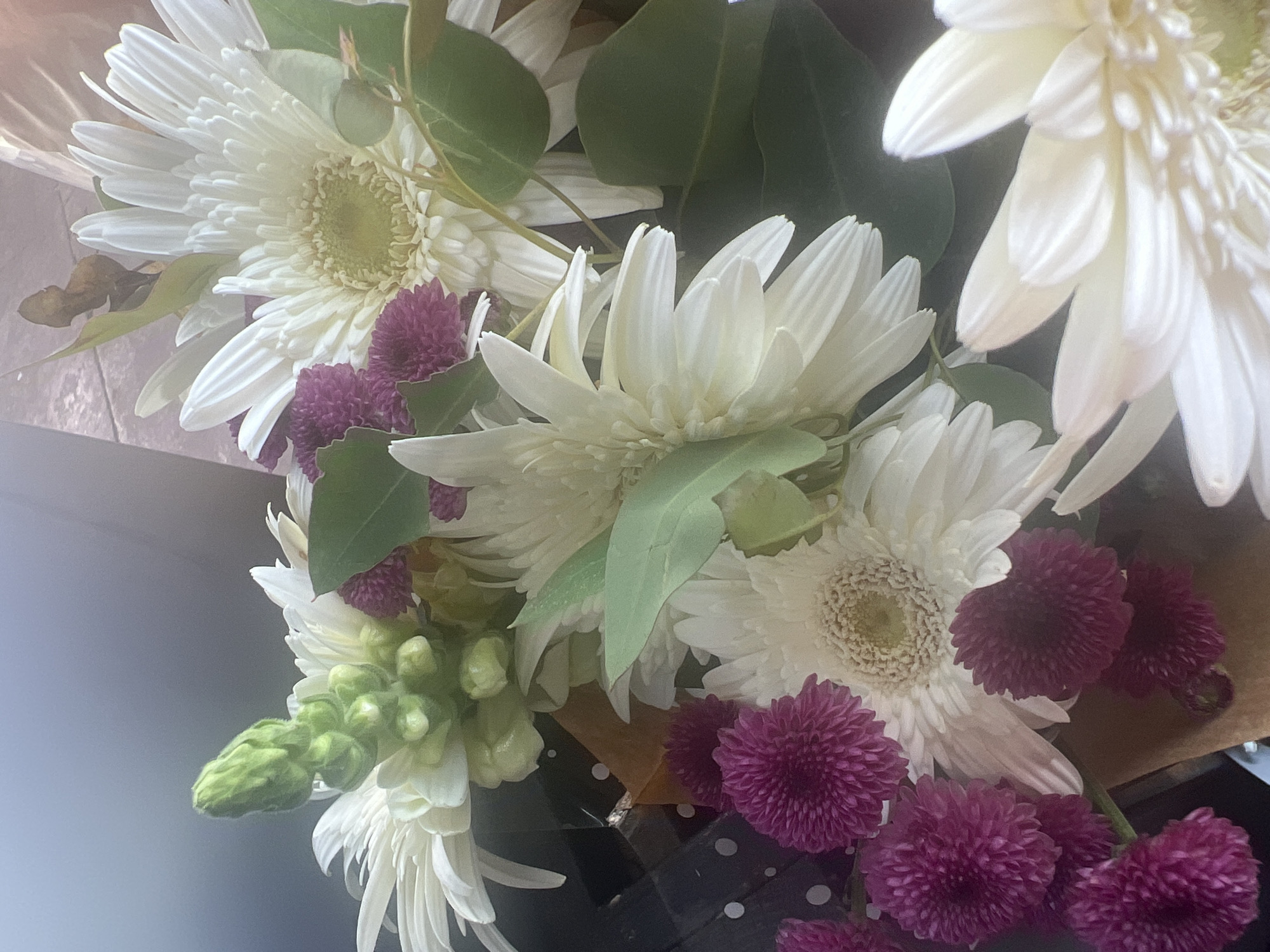 The image shows a close-up view of a floral arrangement, predominantly featuring white gerbera daisies and clusters of small, deep pink flowers. A green, budded stem is also visible. The flowers are arranged in what appears to be a bouquet, with some greenery and brown paper wrapping. The background is softly out of focus, suggesting an indoor or sheltered outdoor setting, possibly a gift shop or home. There are no people or specific landmarks to indicate the city of Hadera, Israel.