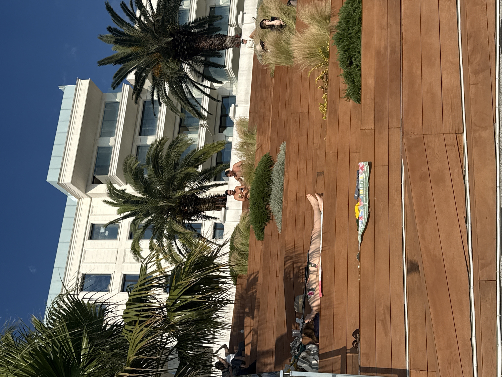 In Sochi, Russia, a man and two women are sunbathing on wooden tiered seating. The man is wearing swim trunks, while the women are in bikinis. They are lying on towels and appear to be relaxing. In the background, a modern white building with balconies and palm trees can be seen. The sky is clear and blue, indicating a sunny day. The overall scene suggests a leisure activity in a resort setting.