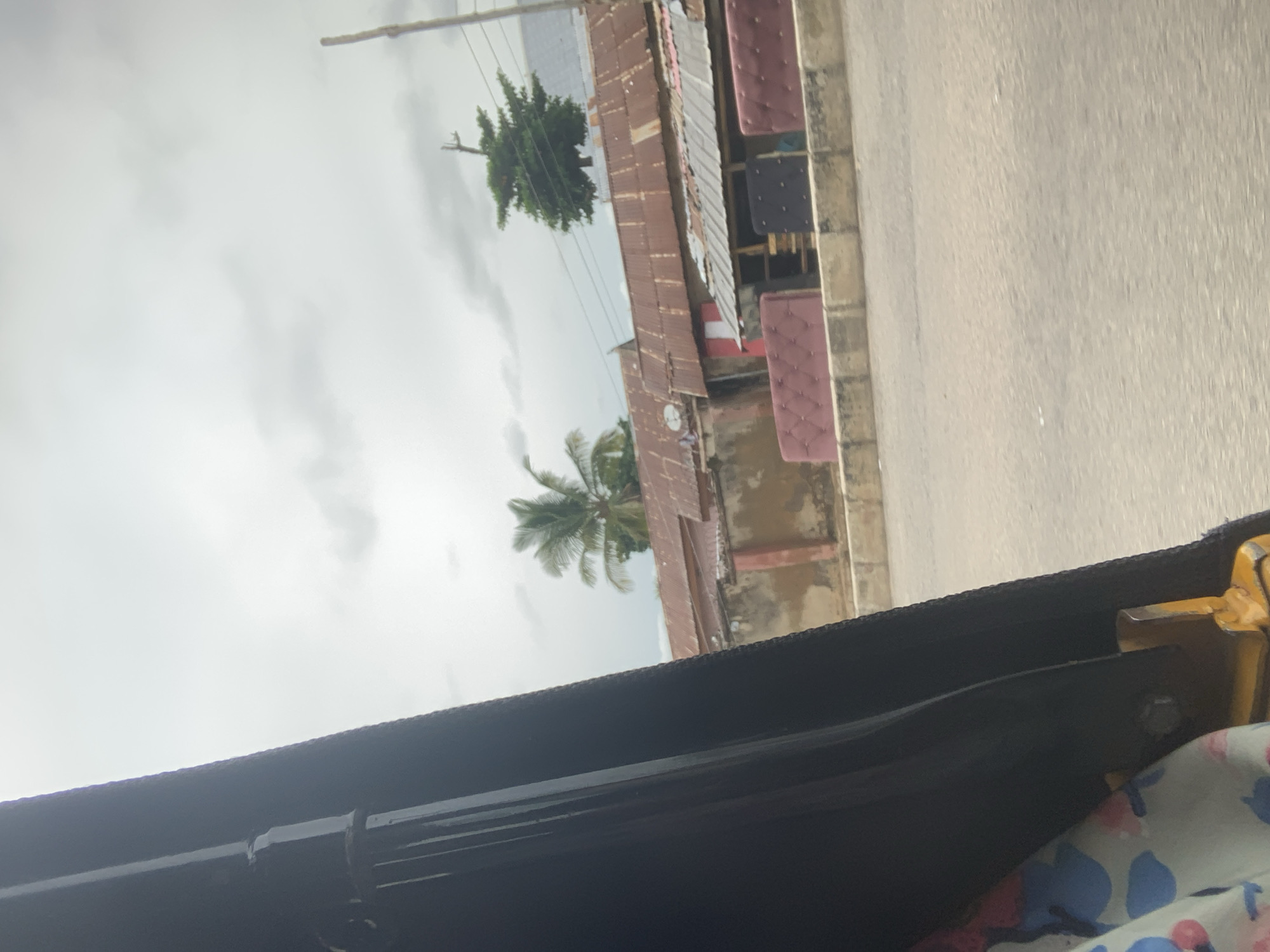The image captures a street scene in Jalingo, Nigeria, likely taken from inside a moving vehicle. The foreground is dominated by the dark interior of a vehicle, possibly a rickshaw or a similar form of transportation, with a floral-patterned fabric visible on the left. The road surface appears paved and somewhat worn.
Beyond the vehicle, a row of buildings lines the street. These structures exhibit a mix of architectural styles and materials, with many featuring corrugated metal roofs that appear weathered and rusted. One building has a distinctly red roof, while others have a silvery-gray metallic sheen. Several of these buildings have what appear to be stalls or storefronts facing the road, some of which are partially obscured.
In front of some of the buildings, along what seems to be a sidewalk or a raised curb, are rows of large, upholstered items. These resemble large cushions or headboards, colored in shades of pink and dark blue, some with diamond tufting. Their purpose is unclear from the image.
Vegetation is present, with a prominent palm tree visible towards the center-left of the frame, and a smaller, more conical green tree in the mid-ground on the right. The sky is overcast with gray clouds, suggesting a cloudy or possibly rainy day. Utility poles and wires are also visible, indicating the presence of infrastructure. The overall impression is of a typical urban street in a developing region, with a mix of residential and commercial structures and everyday street activity.