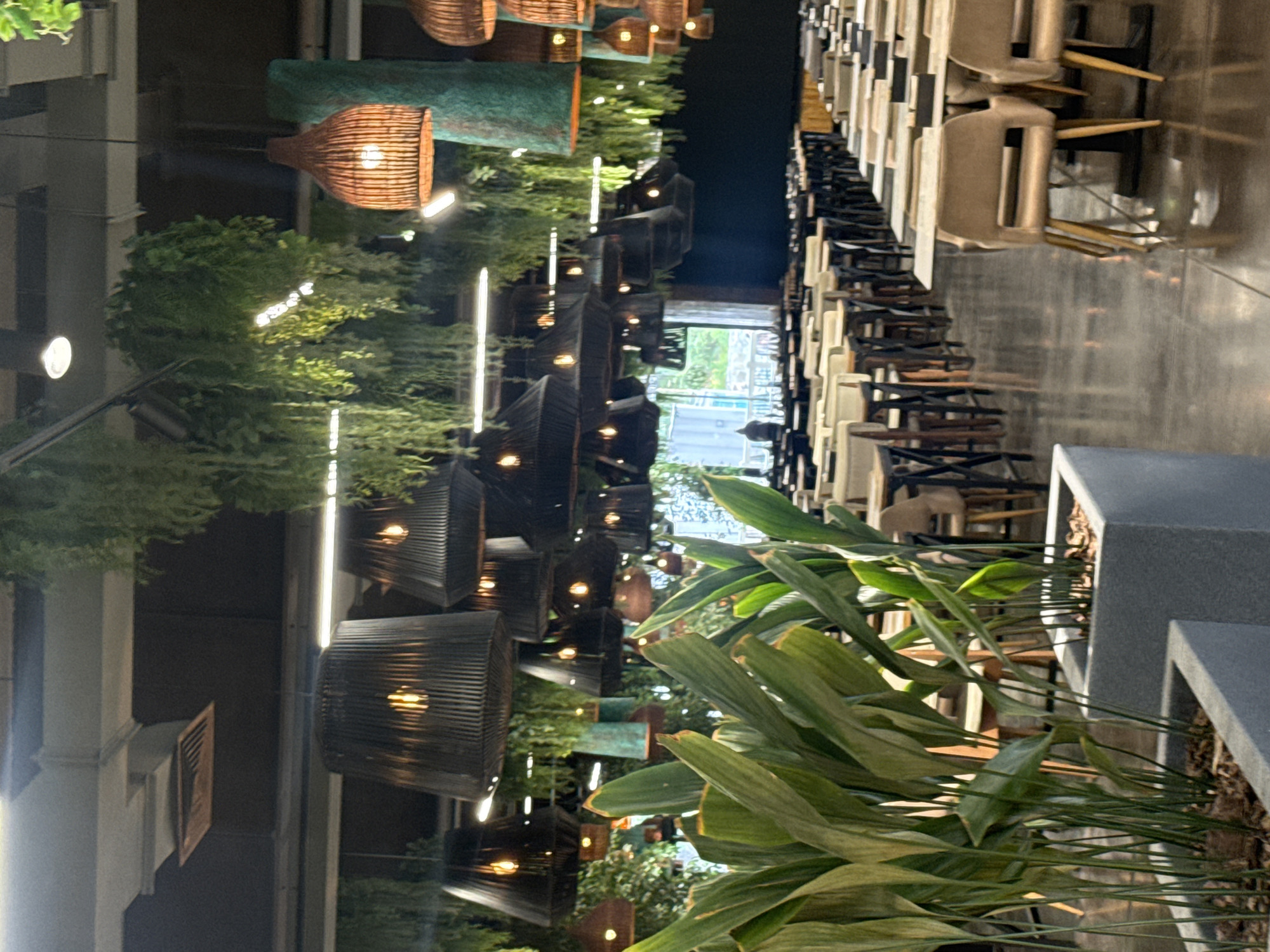 The image shows the interior of a brightly lit restaurant with a modern, naturalistic decor. Large, leafy green plants in grey planters are positioned in the foreground. Above, numerous large pendant lights with woven, cylindrical shades hang from the ceiling, interspersed with cascading greenery. The restaurant seating area is visible in the background, with rows of tables and chairs. The chairs appear to be upholstered in a light beige fabric with gold-colored legs. The flooring is a dark, reflective material, likely concrete or polished stone. The overall ambiance suggests a contemporary dining establishment with an emphasis on organic elements and ambient lighting. The specific location within the city of Yalta, Ukraine is not identifiable from the visual information presented in the image.