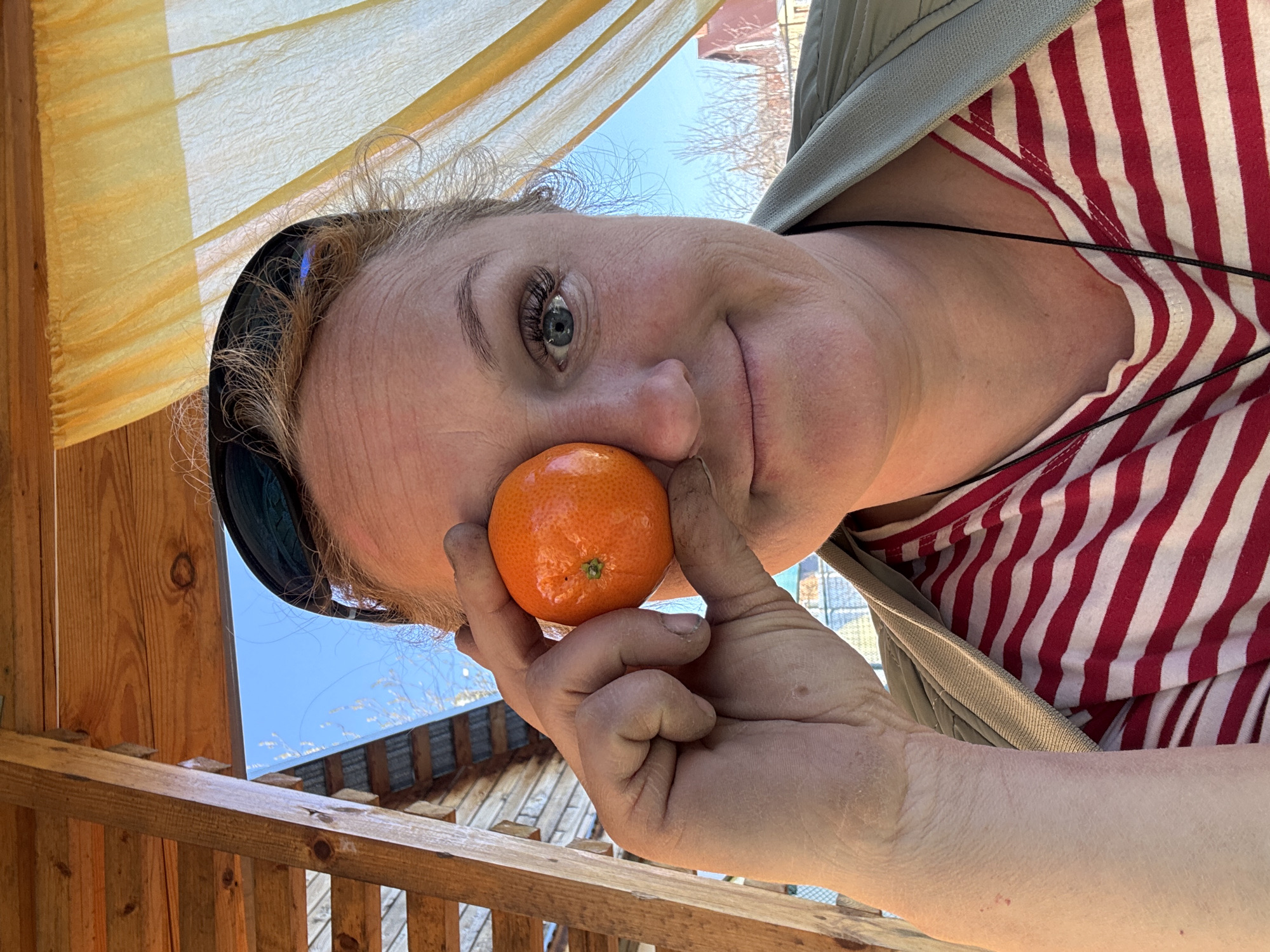A woman with blue eyes is holding an orange citrus fruit to her nose. She is wearing a red and white striped shirt, and a light green jacket. She has sunglasses on her head. The background includes wooden structures, a light-colored tarp, a blue sky, and the top of a metal roof. The location is Chaikovsky, Russia.
