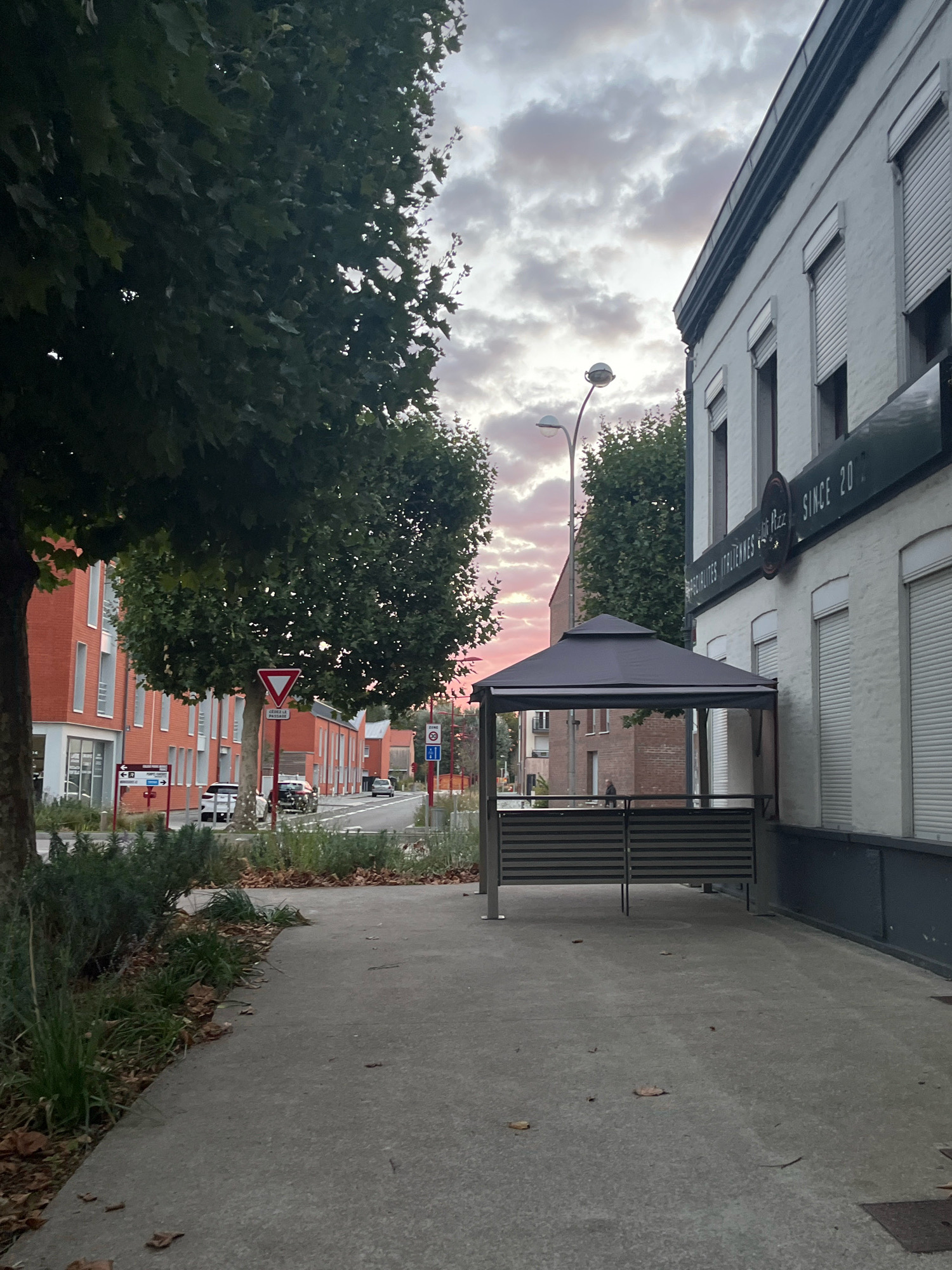 The image depicts a street scene in Arques, France, likely in the late afternoon or early evening, given the sky's colors. On the right side of the frame is a white brick building with several windows covered by grey roller shutters. A black sign above the windows reads "SPECIALITES ITALIENNES da Rizz SINCE 200" with the last digit of the year obscured. In front of this building, a dark grey gazebo with slatted sides is set up on a concrete patio. To the left of the gazebo and extending further into the scene, a sidewalk runs alongside a street.
The street is lined with buildings, some of which are modern and red-bricked with multiple windows. Several vehicles are visible on the road, including a white car, a dark-colored SUV, and other cars further down the street. Traffic signs, including a red yield sign and a blue sign with a white speed limit indication, are present along the road. Large trees with dense green foliage are situated on both sides of the street, partially obscuring the sky and buildings. The sky is filled with dramatic clouds that are tinged with pink and grey, suggesting either sunrise or sunset. A street lamp is visible in the distance. Scattered leaves and dry grass are present on the ground along the sidewalk.