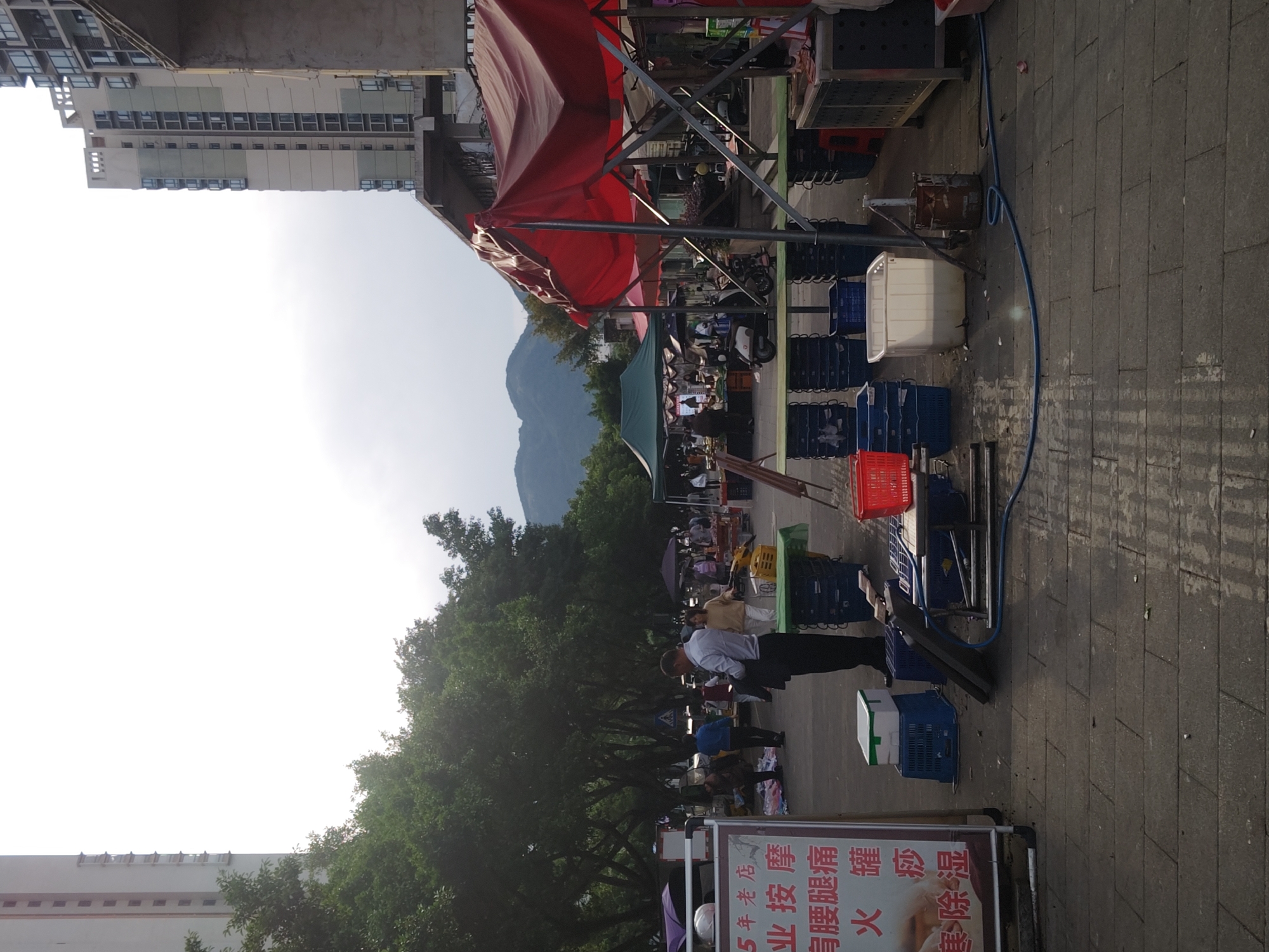 This image captures a vibrant outdoor market scene, likely in the Chongqing High-tech Zone of China. The view looks along a paved street or pedestrian area, with market stalls and trees lining the path, and mountains visible in the distant background.
In the foreground and midground, multiple market stalls are set up, featuring red and green awnings for shade. Numerous blue plastic crates are stacked around the stalls, used for storage or displaying goods, alongside a white cooler and a red plastic basket. A blue hose lies on the grey-tiled ground, indicating water access for the stalls.
Several people are present in the market. A man in a light blue collared shirt and dark trousers stands prominently near the foreground stalls, facing away from the camera. Another individual in a light-colored top is seen further back. Other people are scattered throughout the scene, either browsing, selling, or moving between the stalls, with some motorcycles or scooters parked nearby.
To the left, a row of lush green trees provides natural shade, extending into the background where large, hazy mountains rise under a bright, clear sky. On the far left, a tall, modern multi-story building with many windows stands, typical of an urban area.
A prominent signboard in the bottom right corner features Chinese text. It advertises "5年老店" (5-year-old shop), "专业按摩" (professional massage), "肩腰腿痛" (shoulder, waist, leg pain), "罐" (cupping), "火罐" (fire cupping), and "除湿" (dampness removal), indicating a service stall.
The scene depicts a lively daytime market, bustling with activity under sunny and clear weather conditions.