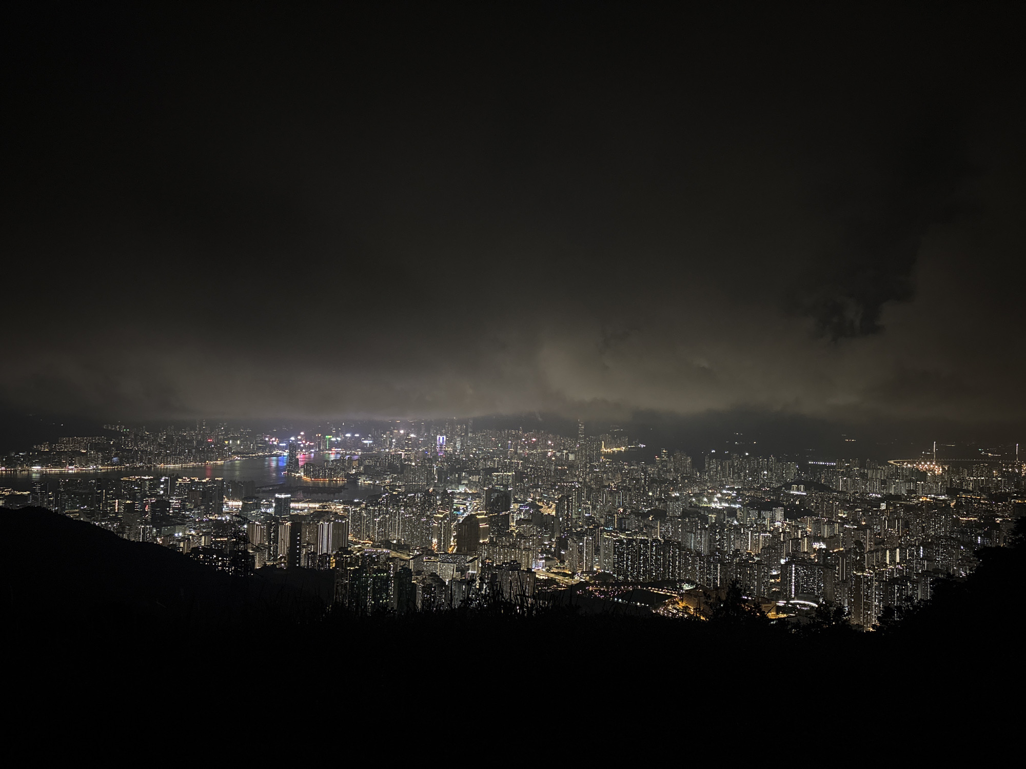 Here is a description of the image:
The image shows a nighttime cityscape of Hong Kong, China, taken from an elevated vantage point. The sky is overcast, with a heavy layer of dark clouds obscuring the view. The city below is a dense collection of illuminated buildings, their lights creating a bright and intricate pattern. There is a body of water visible in the middle ground, with reflections of the city lights shimmering on its surface. In the foreground, dark silhouettes of trees or vegetation can be seen, framing the urban landscape.