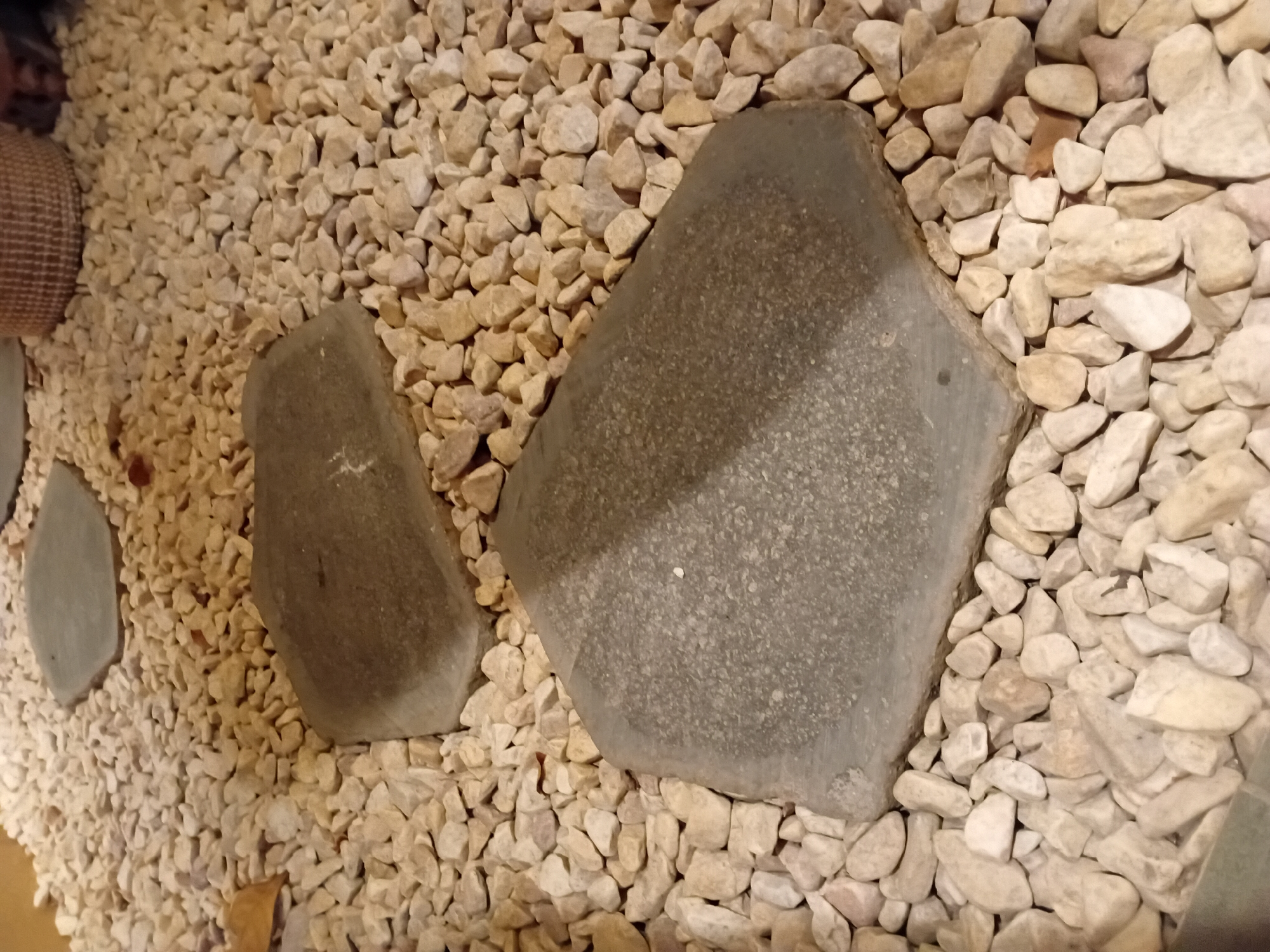 The image depicts a garden pathway made of light-colored pebbles, with several large, flat, grey stones placed strategically as stepping stones. One prominent stepping stone in the foreground is irregularly shaped and appears wet in some areas, reflecting light. Behind it, another stepping stone is visible, and further back, a third stone is partially obscured by pebbles. The overall setting suggests an outdoor, possibly tranquil, environment. The image does not contain any identifiable landmarks or elements that would allow for specific location identification within Đà Nẵng, Vietnam. There are no people, animals, or specific actions being performed. The focus is solely on the arrangement of stones and pebbles in a garden setting.