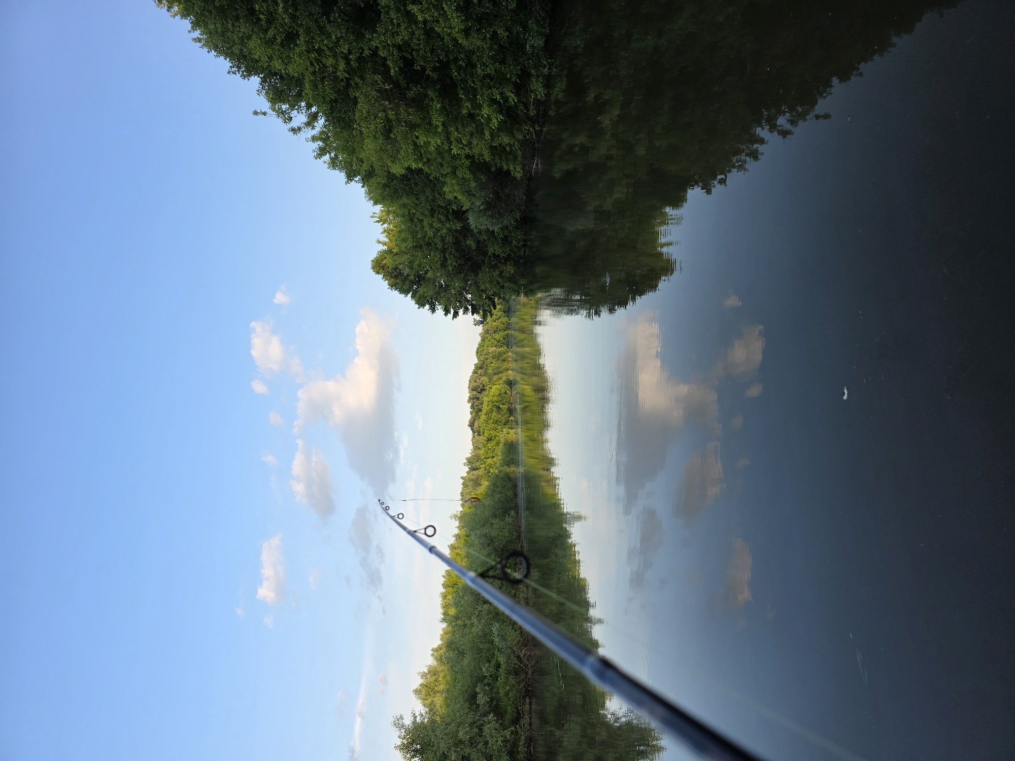 An outdoor, vertical, eye-level shot captures a river in Togashevo, Russia, under a blue sky with scattered clouds. A fishing rod extends into the frame from the left, its tip angled upwards and over the calm water. The riverbanks are densely lined with lush green trees, their reflections shimmering on the water's surface. The water is dark and still, mirroring the sky and vegetation. There are no people or animals visible in the image. The scene conveys a sense of tranquility and nature.
