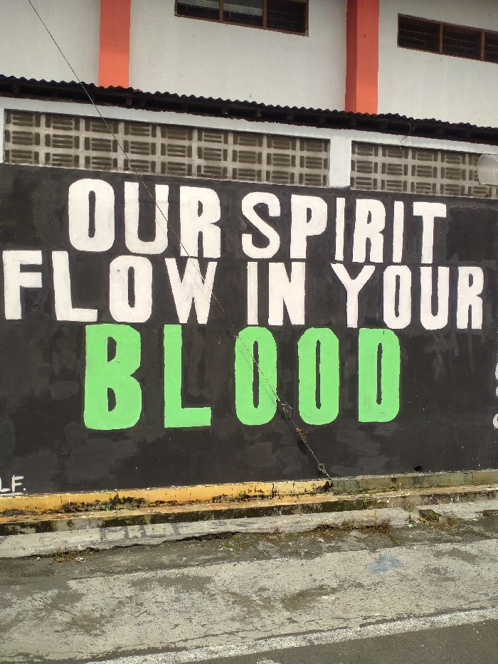 The image displays an outdoor urban scene in Karanganyar, Indonesia, centered on a black wall featuring prominent graffiti. The main message, painted in large capital letters, reads: "OUR SPIRIT FLOW IN YOUR BLOOD." The words "OUR SPIRIT" and "FLOW IN YOUR" are in white, while "BLOOD" is rendered in a vivid, bright green, creating a stark visual contrast against the dark wall. A small, partially visible inscription, "LF.", appears in the bottom left corner of the wall.
Behind the graffiti wall, a building with white walls and orange structural beams is visible, featuring multiple horizontal windows with grates. The base of the black wall shows signs of wear and rust, where it meets an uneven concrete sidewalk or ground. A thin wire or cable runs diagonally across the wall, partially obscuring the text.
The scene appears to be set during the daytime, under diffused or overcast lighting, as indicated by the soft illumination and lack of harsh shadows. There are no people visible in the frame, allowing the graffiti to be the sole narrative focus. The text itself conveys a strong and intense message of shared essence or pervasive influence, suggesting a deep connection or declaration within its local context. The overall impression is that of a raw, expressive urban landscape.