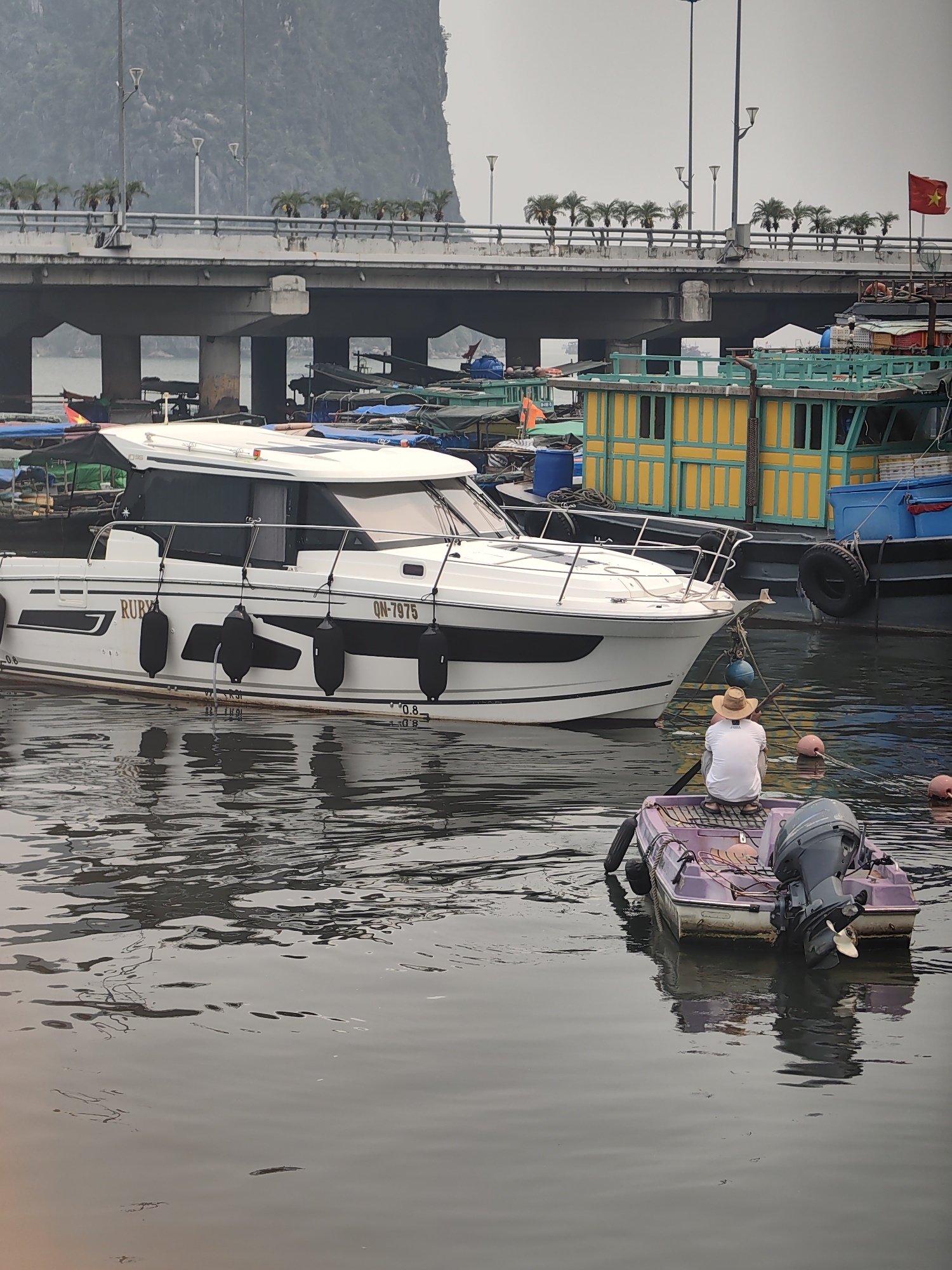 The image presents a busy harbor scene in Hong Gai Ward, Vietnam, under a soft, overcast sky. In the background, a large, hazy mountain provides a dramatic backdrop, with a modern concrete bridge stretching across the mid-ground. The bridge is adorned with streetlights and a line of small palm trees, and openings beneath its structure reveal distant water and land.
The foreground is dominated by various boats floating on calm, reflective water. A prominent white motor yacht with black trim, named "RUBY" in gold lettering, is equipped with several black fenders along its side. Its registration number "QN-7975" is also clearly visible. Behind the yacht, a cluster of traditional-style boats, some featuring brightly painted yellow and teal cabins, are moored. One of these boats proudly displays a red Vietnamese flag with a yellow star.
To the right, a lone individual wearing a white shirt and a straw hat sits in a small, purple dinghy equipped with an outboard motor. They are facing away from the viewer, appearing to be focused on the water or engaged in an activity, possibly fishing, near the bow of the white yacht. A pole or stick extends from their position into the water. Several pink buoys float on the water surface, adding small splashes of color to the otherwise muted palette of the scene. The overall impression is one of a working harbor on a quiet, possibly misty day.